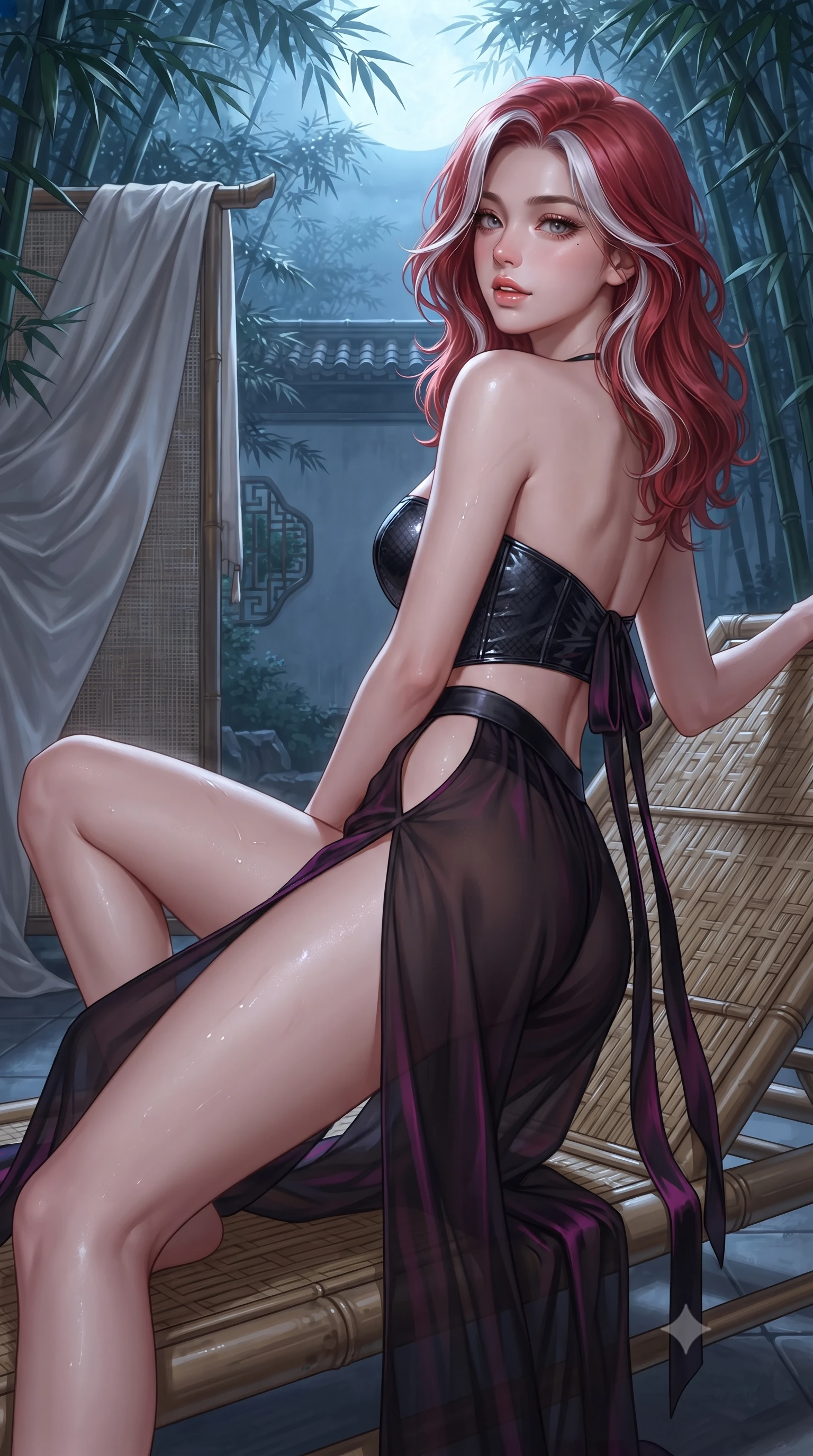 score_9, masterpiece, best quality, ultra-detailed, high-budget anime keyframe, editorial fashion photography, tasteful artistic composition, Caucasian woman. close-up cowboy shot from the waist and thighs up, the character dominates the composition, filling the frame with her large presence. posing in an alluring rear three-quarter angle, looking over a bare shoulder with parted glossy lips, her hips cocked back to highlight her slim hourglass curve while reclining gracefully on a woven bamboo chaise lounge, one knee bent to display her long slender legs and sculpted waistline. The surrounding environment is rendered in vivid detail and crisp panoramic clarity: detailed silk satin fabric drape, dewy moisture on skin, and serene courtyard architecture in high resolution. She has an exceptionally elegant, slender, and willowy female figure with an ultra-slim waist, flat toned midriff, narrow ribcage, and sculpted feminine hips creating an alluring, slim hourglass silhouette without bulk. sharp v-shaped jawline, high-bridge nose, sparkling eyes with hypnotic seductive depth, thick curled eyelashes, glossy parted lips with a natural dewy peach sheen, alluring bedroom-eyes with an enchanting coquettish smile, exuding magnetic siren charisma and sophisticated glamour, flawlessly proportioned anatomical accuracy, strict slender model proportions, natural body alignment, perfectly sculpted long slender limbs, ultra-slim waistline, clean dynamic posture without body distortion. wearing a strapless wet-look vinyl bustier paired with sheer chiffon high-slit trousers in wet-look onyx black with electric fuchsia reflections, crafted from fluid liquid silk satin that clings smoothly to every curve with a dewy sheen, finished with long silk ribbon ties fluttering down her bare spine from a backless halter, the precision-cut side openings and low-back scoop framing her graceful spine and the sensual sweep of her slim, toned hips. bathed in cool moonlight filtering delicately through the dense bamboo canopy. ultra-reflective glossy finish, specular highlights, rich textural contrasts, high-contrast stereoscopic depth, volumetric dynamic lighting, 2k, ultra detail, master piece, 9:16 ratio