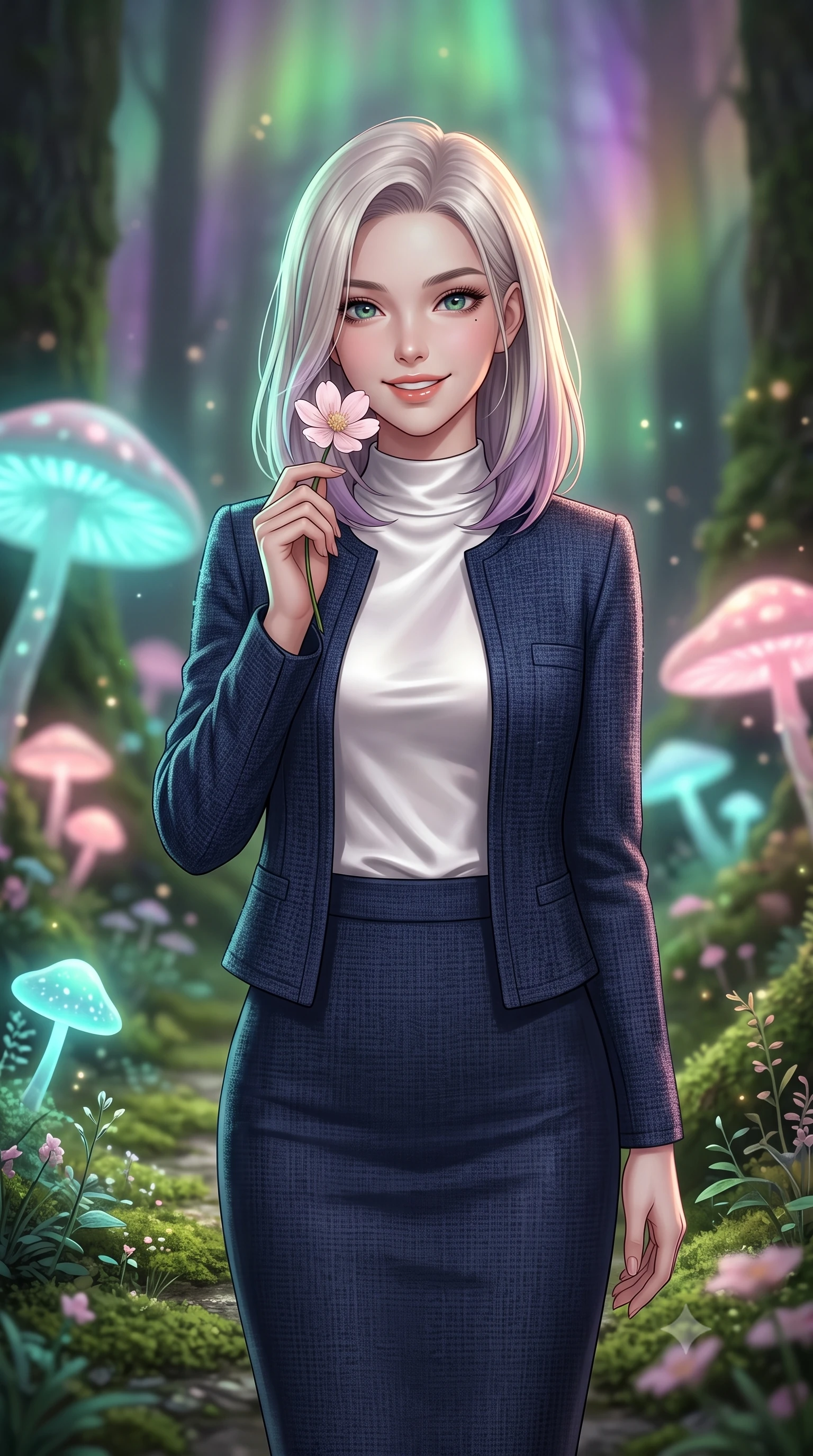 score_9, masterpiece, best quality, ultra-detailed, high-budget anime keyframe, editorial fashion photography, tasteful artistic composition, Caucasian woman, strictly human ears. close-up cowboy shot from the waist and thighs up, the character dominates the composition, filling the frame with her large presence, background elements kept in soft focus. Holding a delicate flower near her cheek, smiling with dreamy happiness. set against a soft-focus background of walking along a mossy path in an ancient forest under a canopy of giant bioluminescent glowing mushrooms that emit soft cyan and pink light. She has an exceptionally elegant, slender, and willowy female figure with a highly-defined ultra-slim waist, a gracefully sculpted slender torso, and a refined slim-fit silhouette that contours her form. sharp v-shaped jawline, high-bridge nose, intricate jewel-like eyes with depth, thick eyelashes, glossy lips with a natural sheen. wearing a navy blue tweed jacket over a white satin mock-neck top, paired with a matching navy blue pencil skirt. illuminated by a shifting aurora palette of green violet and gold from above. 2k, ultra detail, master piece, 9:16 ratio