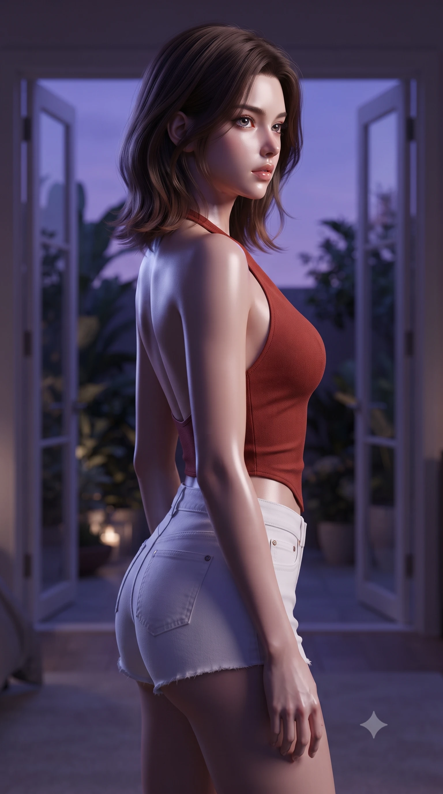 score_9, masterpiece, best quality, ultra-detailed, high-budget anime keyframe, editorial fashion photography, tasteful artistic composition, Korean woman woman. close-up cowboy shot from the waist and thighs up, the character dominates the composition, filling the frame with her large presence, background elements kept in soft focus. turning her face in sharp profile, casting a cold, mysterious, yet intensely alluring side gaze, the background shows a soft-focus a bedroom suite with double glass doors opening to a quiet botanical patio at dusk. She has an exceptionally elegant, slender, and willowy female figure with an ultra-slim waist, a gracefully sculpted slender torso, and a refined silhouette. sharp v-shaped jawline, high-bridge nose, intricate jewel-like eyes with depth, thick eyelashes, glossy lips with a natural sheen. wearing a tailored backless halter top in terracotta red, paired with white denim micro-shorts. deep violet twilight sky glow casting cool highlights on her form. ultra-reflective glossy finish, specular highlights, metallic sheen, high-contrast stereoscopic depth, volumetric dynamic lighting, 2k, ultra detail, master piece, 9:16 ratio