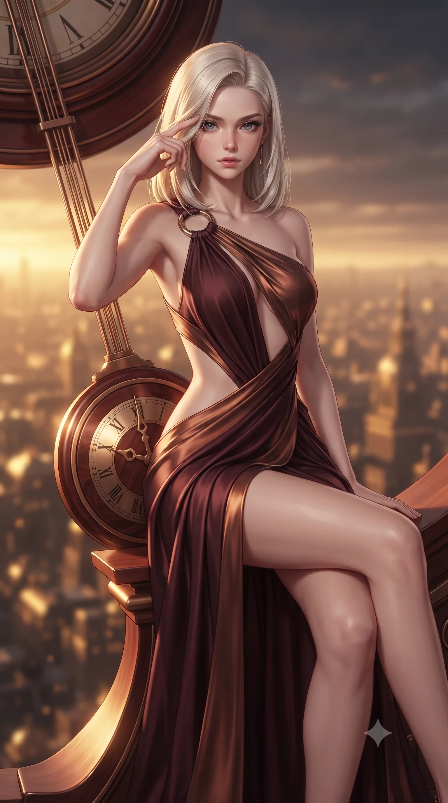 score_9, masterpiece, best quality, ultra-detailed, high-budget anime keyframe, editorial fashion photography, tasteful artistic composition, Caucasian woman. close-up cowboy shot from the waist and thighs up, the character dominates the composition, filling the frame with her large presence, background elements kept in soft focus. Pressing two fingers to her temple in a composed thoughtful gesture with an air of magnetic charisma poised on a massive mechanical clock pendulum swinging over a golden city, rich mahogany and polished bronze textures reflecting warm hearth light. She has an exceptionally elegant, slender, and willowy female figure with an ultra-slim waist, a gracefully sculpted slender torso, and a refined silhouette. sharp v-shaped jawline, high-bridge nose, intricate jewel-like eyes with depth, thick eyelashes, glossy lips with a natural sheen. wearing an asymmetrical Grecian draped chiffon gown with a metallic shoulder ring in deep burgundy and bronze, crafted from smooth liquid silk, featuring clean architectural cutouts along her slender torso, the elegant draped fit framing her graceful clavicle and slender torso. bathed in warm twilight amber backlighting and rich metallic specular glow. ultra-reflective glossy finish, specular highlights, metallic sheen, high-contrast stereoscopic depth, volumetric dynamic lighting, 2k, ultra detail, master piece, 9:16 ratio