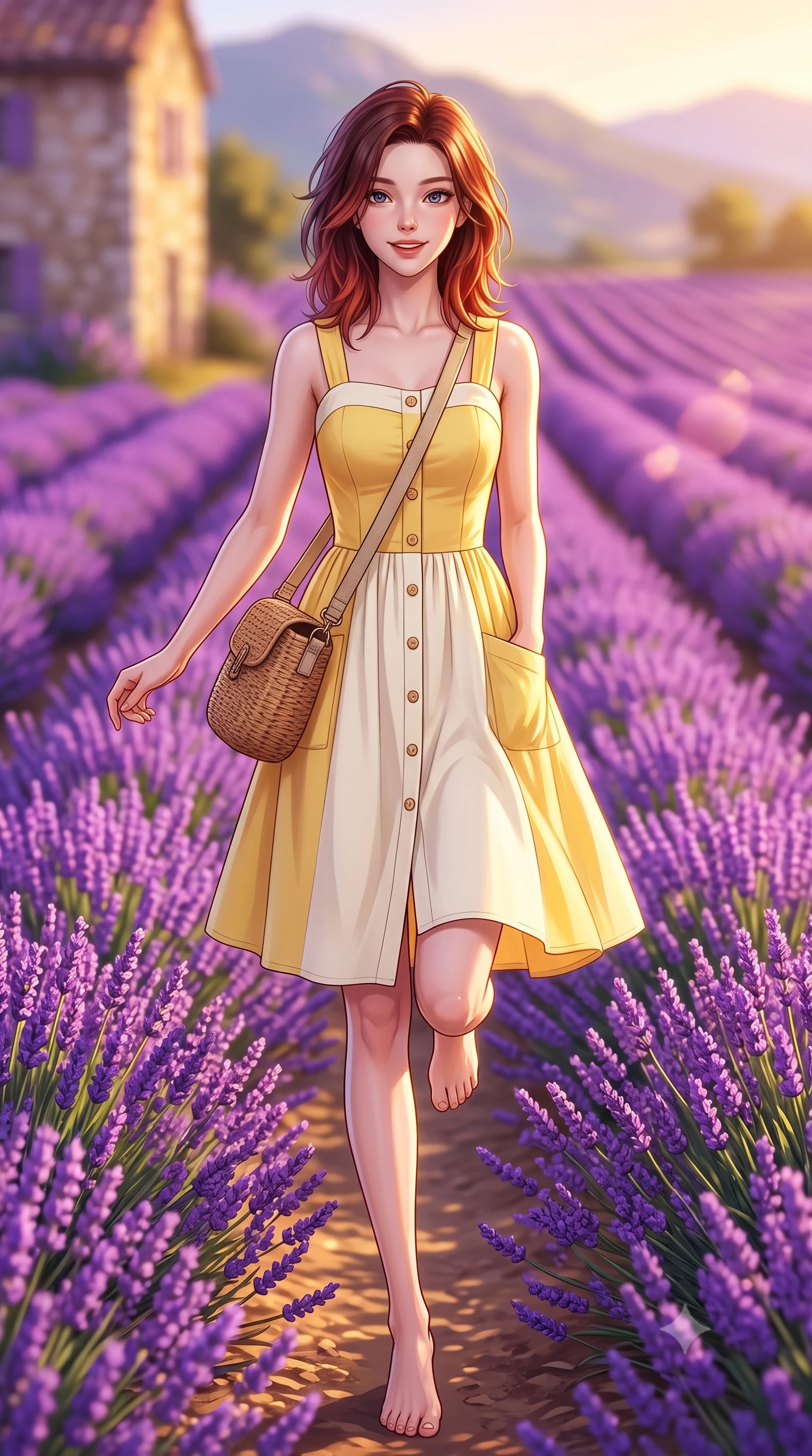 score_9, masterpiece, best quality, ultra-detailed, high-budget anime keyframe, semi-realistic 3D game render, editorial fashion photography, tasteful artistic composition, Korean woman. low angle full-body shot from head to toe showing her feet, filling the entire 9:16 vertical frame with her statuesque presence, stretching her vertical silhouette. standing poised on one leg with a playful hop and joyful expression, her long legs and slender figure highlighted against the landscape while running playfully through endless rolling rows of violet lavender under a warm golden Mediterranean sun. The composition keeps background elements in soft focus with creamy bokeh. endless rolling purple lavender fields and vintage stone cottage walls blurred into dreamy violet and golden bokeh. She has an absolutely perfect, statuesque 8.5-heads proportion, an exceptionally tall and slender model-like female figure with impossibly long slender legs, a toned flat midriff, and an ultra-slim waist. sharp v-shaped jawline, high-bridge nose, intricate jewel-like eyes with depth, thick eyelashes, glossy lips with a natural sheen, pure and lovely fresh girlhood expression, flawlessly proportioned anatomical accuracy, strict slender model proportions, natural body alignment, perfectly sculpted long slender limbs, ultra-slim waistline, clean dynamic posture without body distortion. wearing a vintage-inspired button-front cotton sundress with wide shoulder straps and side pockets in fresh buttercup yellow and clean cream white, tailored from crisp organic cotton poplin, accessorized with a rustic woven wicker bag and canvas strap, the tailored casual silhouette highlighting her fresh and youthful presence and perfectly proportioned slender frame. bathed in warm golden hour sunlight casting long romantic shadows across the purple lavender rows. highly saturated vibrant anime colors, detailed shading with soft gradients, rich glossy textures, high-contrast stereoscopic depth, volumetric dynamic lighting, master piece, 9:16 ratio