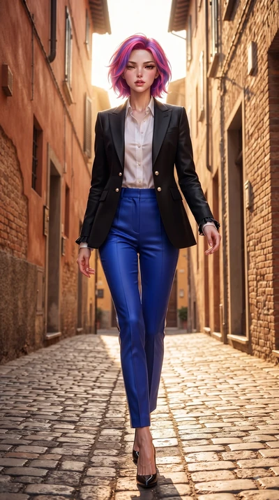 score_9, masterpiece, best quality, ultra-detailed, high-budget anime keyframe, editorial fashion photography, tasteful artistic composition, Caucasian woman. low angle full-body shot from head to toe showing her feet, filling the entire 9:16 vertica