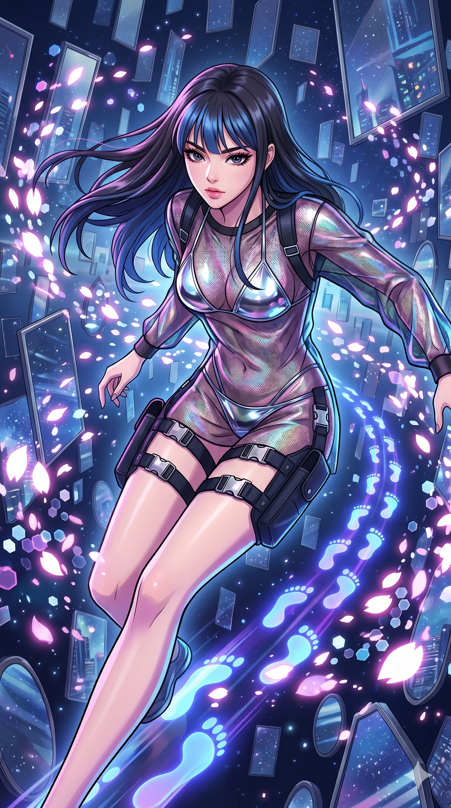 score_9, masterpiece, best quality, ultra-detailed, Set A: High-budget Anime Keyframe, Korean woman. Upper body close-up from the thighs up, character filling the screen for maximum presence. Sliding through a dimension of floating mirrors, as she leaves a trail of 88 glowing footprints and surrounded by digital sakura petals. She has an absolutely perfect 8-heads proportion, an exceptionally tall and slender female figure with impossibly long slender legs and an ultra-slim waist. Sharp v-shaped jawline, high-bridge nose, intricate jewel-like eyes with depth, thick eyelashes, glossy lips with a natural sheen. Wearing Reflective chrome bikini under a translucent mesh cover-up with tactical holsters. Cinematic lighting, vibrant colors, dramatic shadows, 2k, ultra detail, master piece, 9:16 ratio