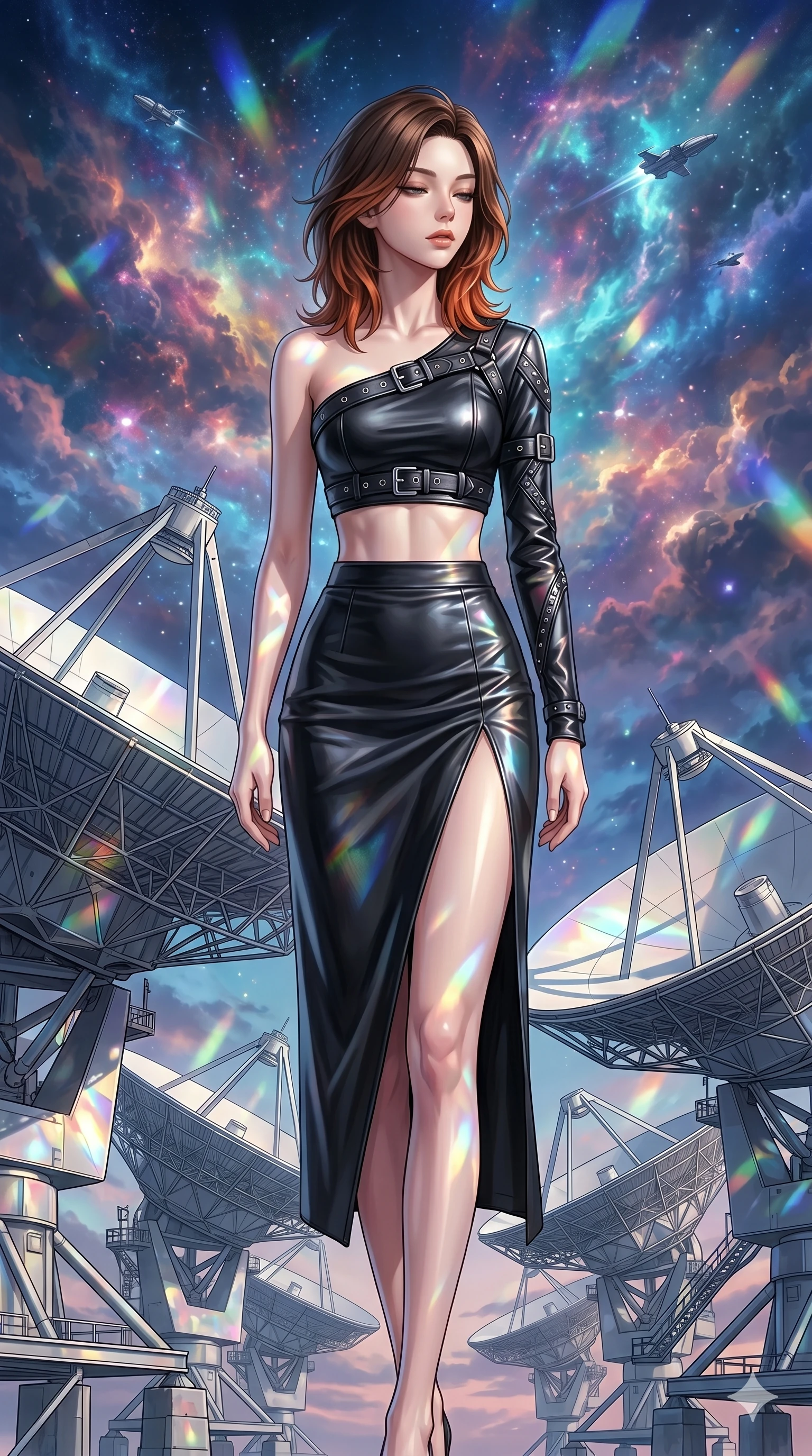 score_9, masterpiece, best quality, ultra-detailed, high-budget anime keyframe, editorial fashion photography, tasteful artistic composition, Korean woman. cowboy shot from the thighs up, character and outfit filling the frame for maximum editorial presence. Arching her neck slightly with her eyes half-closed in composure amidst an array of giant satellite dishes pointing at a sky filled with nebula clouds. She has an absolutely perfect 8-heads proportion, an exceptionally tall and slender female figure with impossibly long slender legs and an ultra-slim waist. V-shaped jawline, high-bridge nose, intricate jewel-like eyes with depth, thick eyelashes, glossy lips with a natural sheen. wearing a one-shoulder black leather crop top with silver hardware, paired with a matching high-waist midi skirt with a high front slit. lit by mirror-reflected prismatic spotlights creating geometric light patterns that play across her body. 2k, ultra detail, master piece, 9:16 ratio