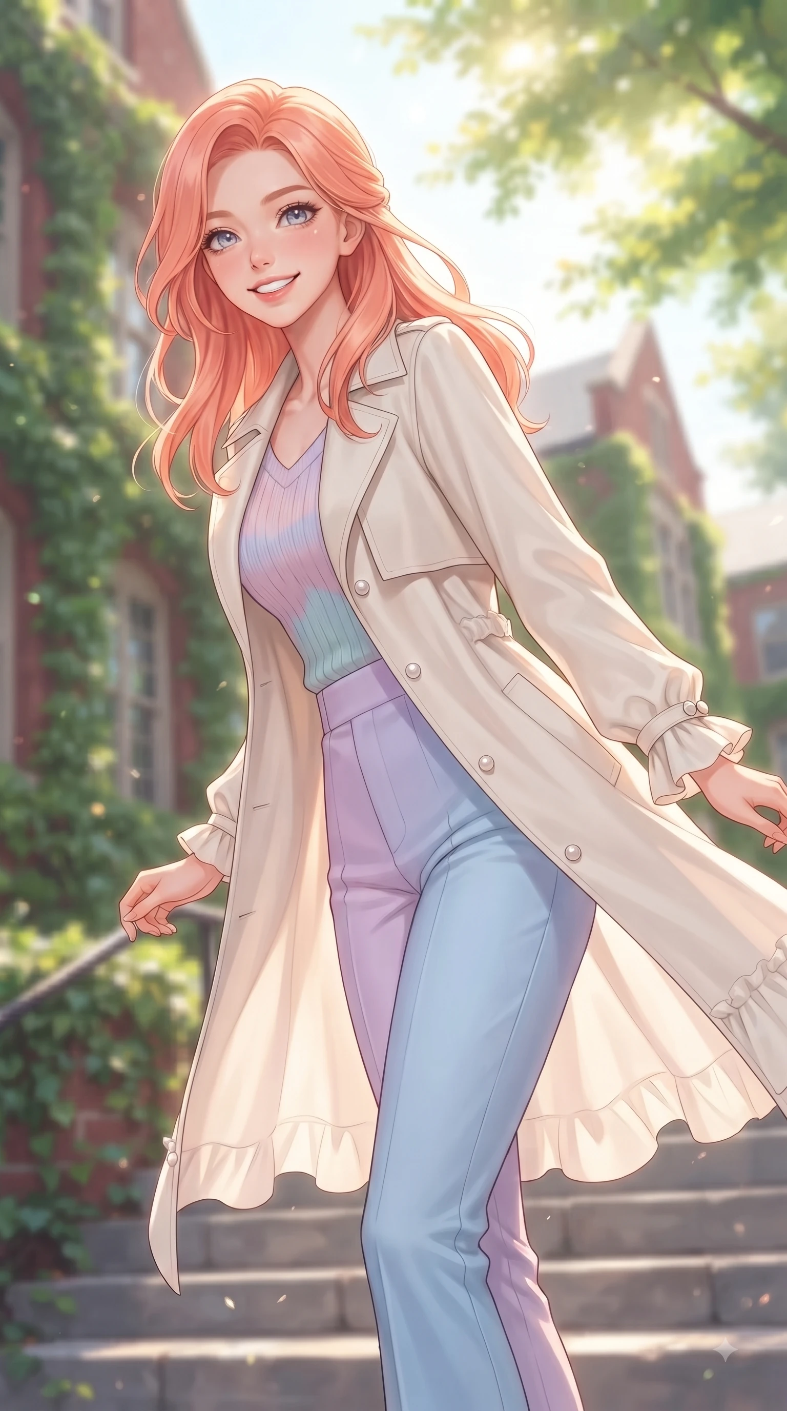 score_9, masterpiece, best quality, ultra-detailed, high-budget anime keyframe, editorial fashion photography, tasteful artistic composition, Japanese woman. close-up cowboy shot from the waist and thighs up, the character dominates the composition, filling the frame with her large presence. Cheerful beaming smile with sparkling eyes and a fresh girlhood aura, leaning forward with playful grace while pivoting dynamically on the stone steps of an ivy-draped academic hall with a radiant girlhood smile. The composition keeps background elements in soft focus with dreamy bokeh. ivy-covered red-brick academic halls and sunlit maple canopies blurring into soft green and gold bokeh. She has an exceptionally elegant, slender, and willowy female figure with an ultra-slim waist, a gracefully sculpted slender torso, and a refined silhouette. sharp v-shaped jawline, high-bridge nose, intricate jewel-like eyes with depth, thick eyelashes, glossy lips with a natural sheen, flawlessly proportioned anatomical accuracy, natural body alignment, perfectly sculpted elegant limbs, clean dynamic posture without body distortion. wearing a stylish pale ivory trench coat over a pastel knit top and high-waist tailored slacks in soft pastel lavender and sky blue, made of fine lightweight chiffon that flutters gently in the breeze, finished with subtle ruffle trims and delicate pearl buttons, the relaxed yet flattering fit accentuating her naturally graceful and slender figure. bathed in brilliant sunny morning light filtering through tree canopies. ultra-reflective glossy finish, specular highlights, metallic sheen, high-contrast stereoscopic depth, volumetric dynamic lighting, 2k, ultra detail, master piece, 9:16 ratio
