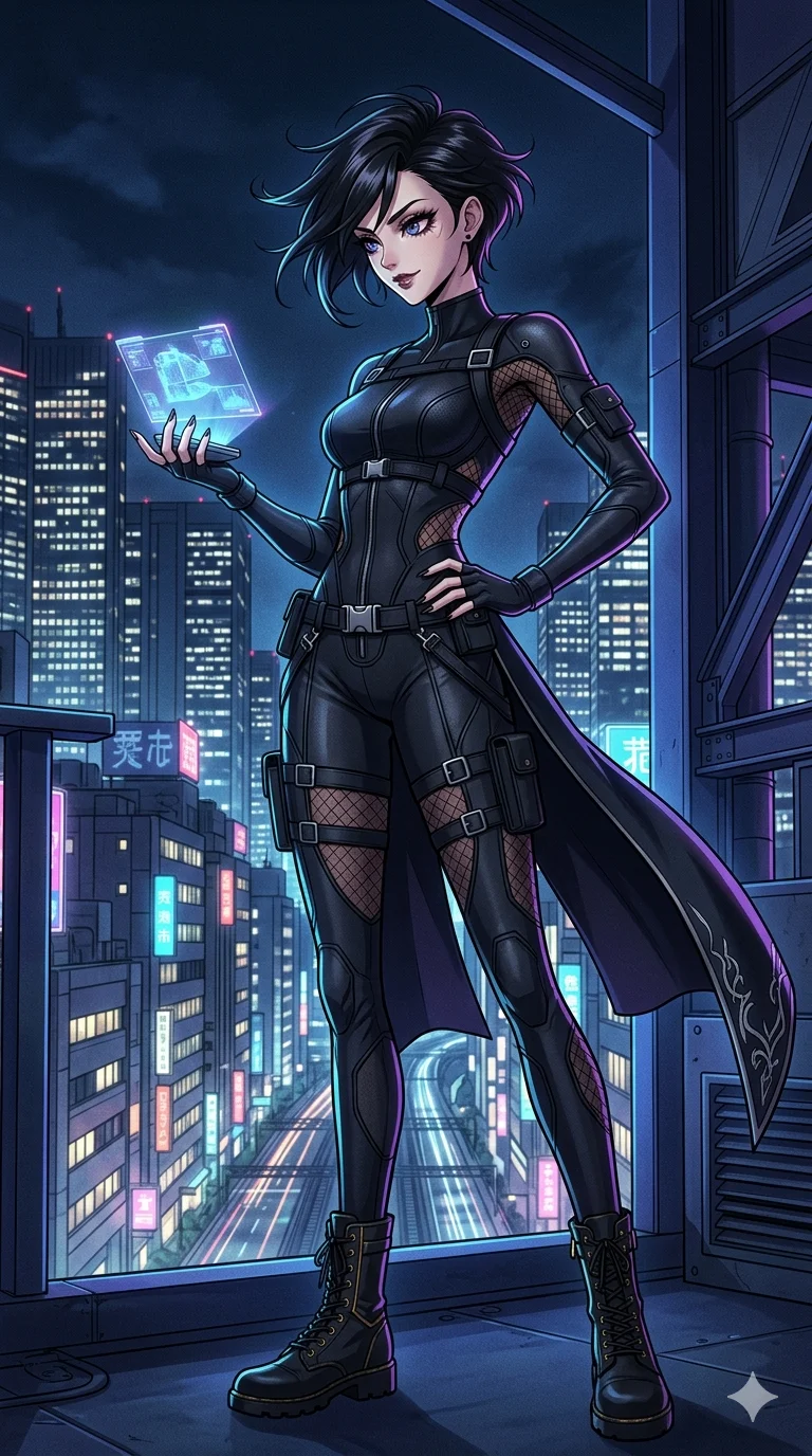 score_9, masterpiece, best quality, ultra-detailed, high-budget anime keyframe, an incredibly beautiful Japanese woman. Dynamic low angle cowboy shot filling the entire 9:16 frame with her statuesque presence. She is a phantom thief planning her heist on a rooftop. Her figure boasts an absolutely perfect 8-heads proportion, an exceptionally tall and slender build emphasizing a delicate skinny aesthetic. Her face is a highly detailed masterpiece featuring a sharp v-shaped jawline, high-bridge nose, intricate jewel-like eyes, thick eyelashes, and glossy lips. She is wearing a skin-tight matte black stealth suit with sensual fishnet stockings. A modern cityscape at night with glowing skyscrapers, dramatic rim lighting., 2k, ultra detail, master piece, 9:16 ratio