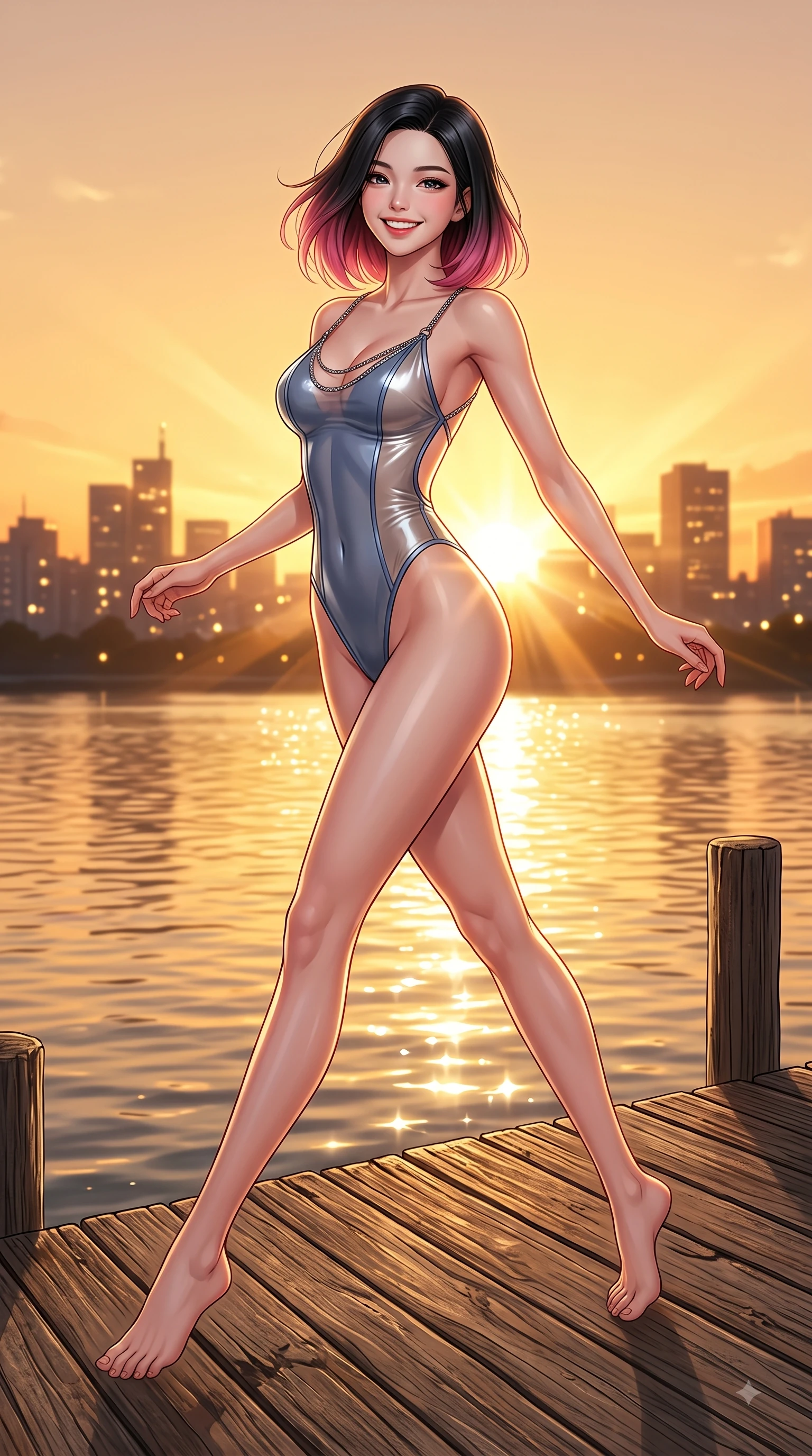 score_9, masterpiece, best quality, ultra-detailed, high-budget anime keyframe, editorial fashion photography, tasteful artistic composition, Korean woman. low angle full-body shot from head to toe showing her feet, filling the entire 9:16 vertical frame with her statuesque presence, stretching her vertical silhouette. performing a cheerful mid-air rotation with flawless poise, her radiant smile capturing fresh college girlhood energy while walking across a wooden river pier as golden hour sunbursts reflect off calm water, city skyline silhouettes twinkling softly in the warm sunset glow. She has an absolutely perfect, statuesque 8.5-heads proportion, an exceptionally tall and slender model-like female figure with impossibly long slender legs and an ultra-slim waist. sharp v-shaped jawline, high-bridge nose, intricate jewel-like eyes with depth, thick eyelashes, glossy lips with a natural sheen, flawlessly proportioned anatomical accuracy, natural body alignment, perfectly sculpted elegant limbs, clean dynamic posture without body distortion. wearing a high-cut translucent vinyl leotard with front paneling and open back in slate blue and metallic silver, crafted from smooth liquid silk, adorned with delicate metallic chain straps along the neckline, the tailored fabric tightly following every curve of her athletic build. bathed in glorious golden hour sunset sunbeams and warm amber sky radiance. highly saturated vibrant anime colors, detailed shading with soft gradients, rich glossy textures, high-contrast stereoscopic depth, volumetric dynamic lighting, master piece, 9:16 ratio