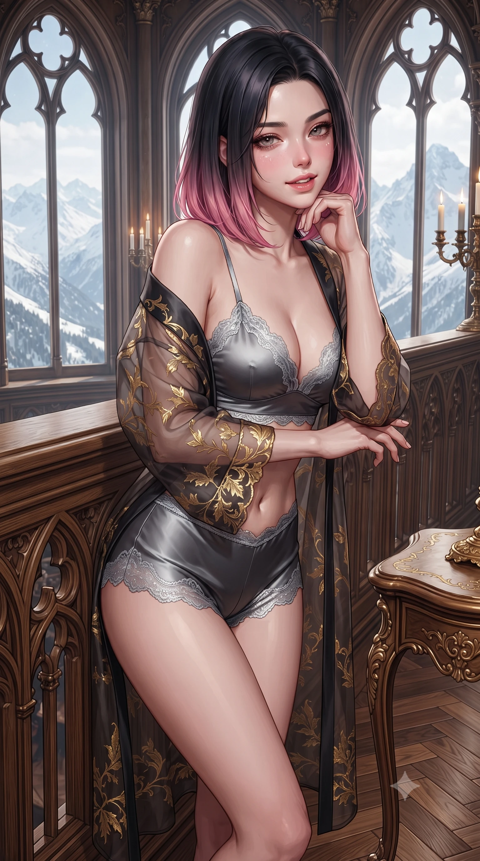 score_9, masterpiece, best quality, ultra-detailed, high-budget anime keyframe, editorial fashion photography, tasteful artistic composition, Korean woman. close-up cowboy shot from the waist and thighs up, the character dominates the composition, filling the frame with her large presence. resting one elbow on the table and supporting her chin, leaning close to the camera with heavy-lidded sparkling eyes and parted lips while leaning against the carved oak choir balustrade with hips cocked back, looking through towering arched lancet windows at snow-covered Alpine peaks with heavy-lidded bedroom-eyes. The surrounding environment is rendered in vivid detail and crisp panoramic clarity: sharp hand-carved gilded gothic leaf tracery, chevron oak parquet wood grain, and brass chandelier candle sockets in deep focus. She has an exceptionally elegant, slender, and willowy female figure with an ultra-slim waist, flat toned midriff, narrow ribcage, and sculpted feminine hips creating an alluring, slim hourglass silhouette without bulk. sharp v-shaped jawline, high-bridge nose, intricate jewel-like sparkling eyes with depth, thick eyelashes, glossy parted lips with a natural peach sheen, bright cheerful beaming smile with an enchanting and coquettish sensual glint, exuding both youthful cute charm and seductive allure, flawlessly proportioned anatomical accuracy, strict slender model proportions, natural body alignment, perfectly sculpted long slender limbs, ultra-slim waistline, clean dynamic posture without body distortion. wearing a sheer silk organza modern kimono robe worn loose and slipping off bare shoulders over a matching satin bralette and micro-shorts in Vik black sand obsidian and glacier crystal silver, woven from buttery-soft stretch lambskin leather adhering to her body like a second skin, finished with scalloped eyelash lace trim framing her sweetheart neckline with intimate elegance, the liquid-tight tailored fabric clinging flawlessly to her narrow waist and rounded feminine hips, emphasizing every millimeter of her sculpted slim hourglass curves without any bulky heaviness. illuminated by parquet reflection bounce and sharp imperial-gold rim lights defining her razor-sharp jawline, narrow waist, and curvy hips. ultra-reflective glossy finish, specular highlights, rich textural contrasts, high-contrast stereoscopic depth, volumetric dynamic lighting, 2k, ultra detail, master piece, 9:16 ratio