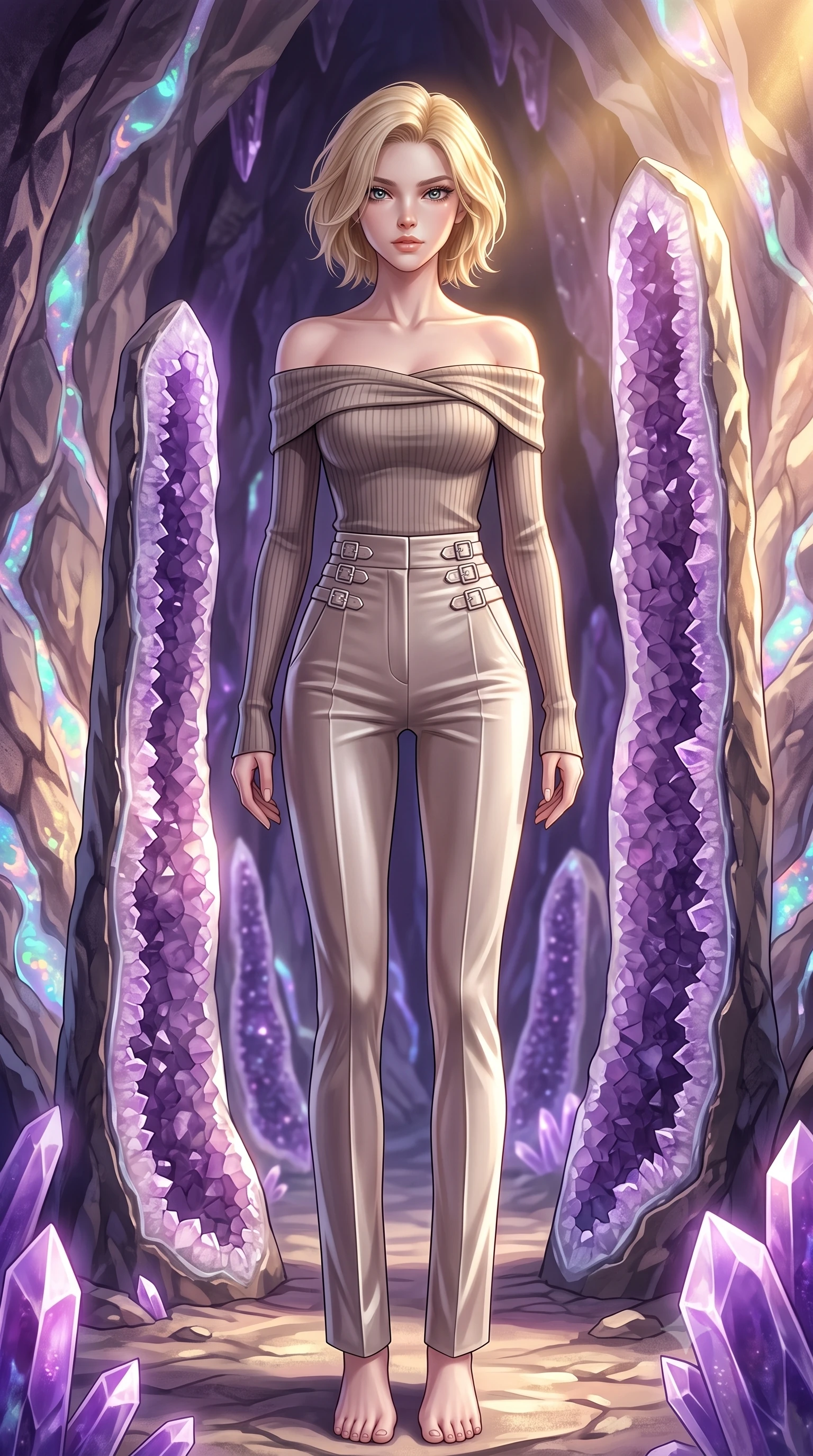score_9, masterpiece, best quality, ultra-detailed, high-budget anime keyframe, editorial fashion photography, tasteful artistic composition, Caucasian woman. low angle full-body shot from head to toe showing her feet, filling the entire 9:16 vertical frame with her statuesque presence, stretching her vertical silhouette. navigating the luminous space with effortless poise, displaying her perfect model proportions standing inside a breathtaking cavern lined with massive amethyst geode pillars, bioluminescent opal veins pulsing softly in the surrounding stone walls. She has an absolutely perfect, statuesque 8.5-heads proportion, an exceptionally tall and slender model-like female figure with impossibly long slender legs and an ultra-slim waist. sharp v-shaped jawline, high-bridge nose, intricate jewel-like eyes with depth, thick eyelashes, glossy lips with a natural sheen. wearing a sleek off-shoulder ribbed knit top paired with high-waist tailored pants in muted taupe and soft ivory, made of premium stretch velvet with a rich sheen, detailed with polished silver buckles along the waistline, the elegant draped fit framing her graceful clavicle and slender torso. lit by warm golden sunlight colliding with cool violet crystal illumination. highly saturated vibrant anime colors, detailed shading with soft gradients, rich glossy textures, high-contrast stereoscopic depth, volumetric dynamic lighting, master piece, 9:16 ratio