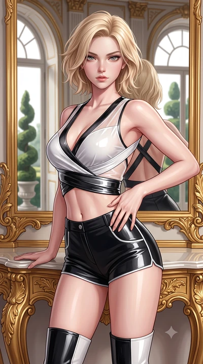 score_9, masterpiece, best quality, ultra-detailed, high-budget anime keyframe, semi-realistic 3D game render, editorial fashion photography, tasteful artistic composition, Caucasian woman. close-up cowboy shot from the waist and thighs up, the chara