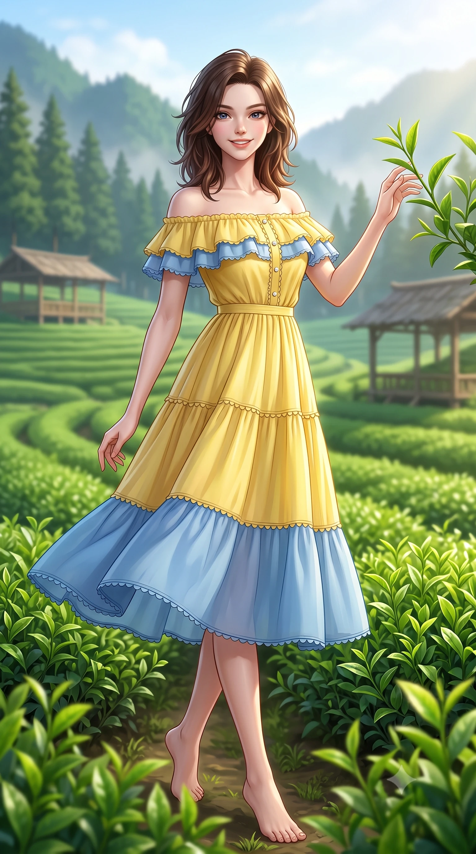 score_9, masterpiece, best quality, ultra-detailed, high-budget anime keyframe, semi-realistic 3D game render, editorial fashion photography, tasteful artistic composition, Korean woman. low angle full-body shot from head to toe showing her feet, filling the entire 9:16 vertical frame with her statuesque presence, stretching her vertical silhouette. pivoting dynamically with a fresh infectious smile, her ultra-slim waist and long slender legs creating a fluid graceful line while gently touching tender fresh green tea shoots with a bright, refreshed morning smile into the camera. The composition keeps background elements in soft focus with creamy bokeh. distant pine-covered mountain peaks and rustic tea drying pavilions softened in atmospheric depth. She has an absolutely perfect, statuesque 8.5-heads proportion, an exceptionally tall and slender model-like female figure with impossibly long slender legs, a toned flat midriff, and an ultra-slim waist. sharp v-shaped jawline, high-bridge nose, intricate jewel-like eyes with depth, thick eyelashes, glossy lips with a natural sheen, pure and lovely fresh girlhood expression, flawlessly proportioned anatomical accuracy, strict slender model proportions, natural body alignment, perfectly sculpted long slender limbs, ultra-slim waistline, clean dynamic posture without body distortion. wearing a graceful off-shoulder cotton sundress with a ruffled neckline and tiered A-line skirt in sunny daffodil yellow and french blue, made of fine lightweight chiffon with a soft fluid drape, finished with delicate scallop trims and tiny pearl buttons, the soft airy drape swaying gracefully with her dynamic movements, emphasizing her tall willowy build and slim waistline. surrounded by a peaceful, pristine, and deeply refreshing morning goddess aura. highly saturated vibrant anime colors, detailed shading with soft gradients, rich glossy textures, high-contrast stereoscopic depth, volumetric dynamic lighting, master piece, 9:16 ratio