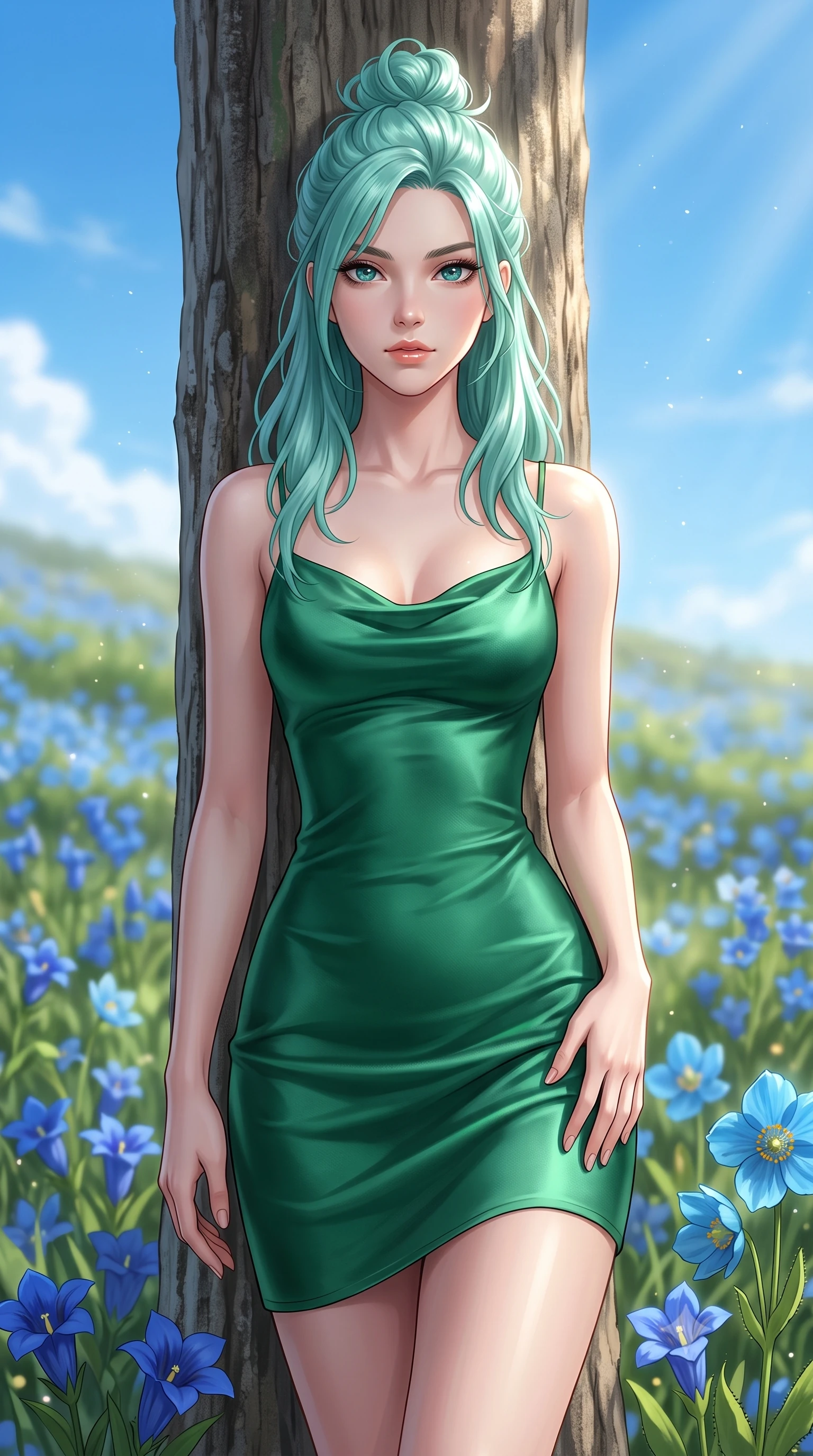 score_9, masterpiece, best quality, ultra-detailed, high-budget anime keyframe, editorial fashion photography, tasteful artistic composition, Japanese woman woman. close-up cowboy shot from the waist and thighs up, the character dominates the composition, filling the frame with her large presence, background elements kept in soft focus. standing relaxed against a tree trunk, sharing a quiet, serene moment with the viewer the background shows a soft-focus a field of rare blue flowers high in the mountains under a crisp blue sky. She has an exceptionally elegant, slender, and willowy female figure with an ultra-slim waist, a gracefully sculpted slender torso, and a refined silhouette. sharp v-shaped jawline, high-bridge nose, intricate jewel-like eyes with depth, thick eyelashes, glossy lips with a natural sheen. wearing a body-hugging form-contouring emerald green silk slip dress that hugs her slender waist and hips. bright, clear high-altitude sunbeams highlighting the fresh air. 2k, ultra detail, master piece, 9:16 ratio