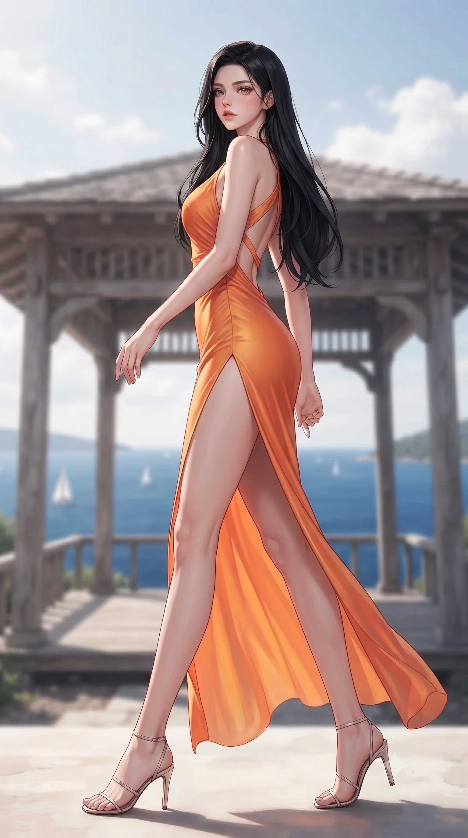 score_9, masterpiece, best quality, ultra-detailed, high-budget anime keyframe, editorial fashion photography, tasteful artistic composition, Korean woman woman. low angle full-body shot from head to toe showing her feet, filling the entire 9:16 vertical frame with her statuesque presence, stretching her vertical silhouette. stepping gracefully while looking back over her shoulder, her dress draped tightly to reveal her silhouette the background shows a soft-focus a wooden pavilion overlooking a wide blue bay with small sailboats sailing in the distance. She has an absolutely perfect, statuesque 8.5-heads proportion, an exceptionally tall and slender model-like female figure with impossibly long slender legs and an ultra-slim waist. sharp v-shaped jawline, high-bridge nose, intricate jewel-like eyes with depth, thick eyelashes, glossy lips with a natural sheen. wearing a slim-fit high-slit resort gown in sunset orange chiffon, featuring a daring thigh-slit and open back. diffused afternoon light under a few light clouds. ultra-reflective glossy finish, specular highlights, metallic sheen, high-contrast stereoscopic depth, volumetric dynamic lighting, 2k, ultra detail, master piece, 9:16 ratio