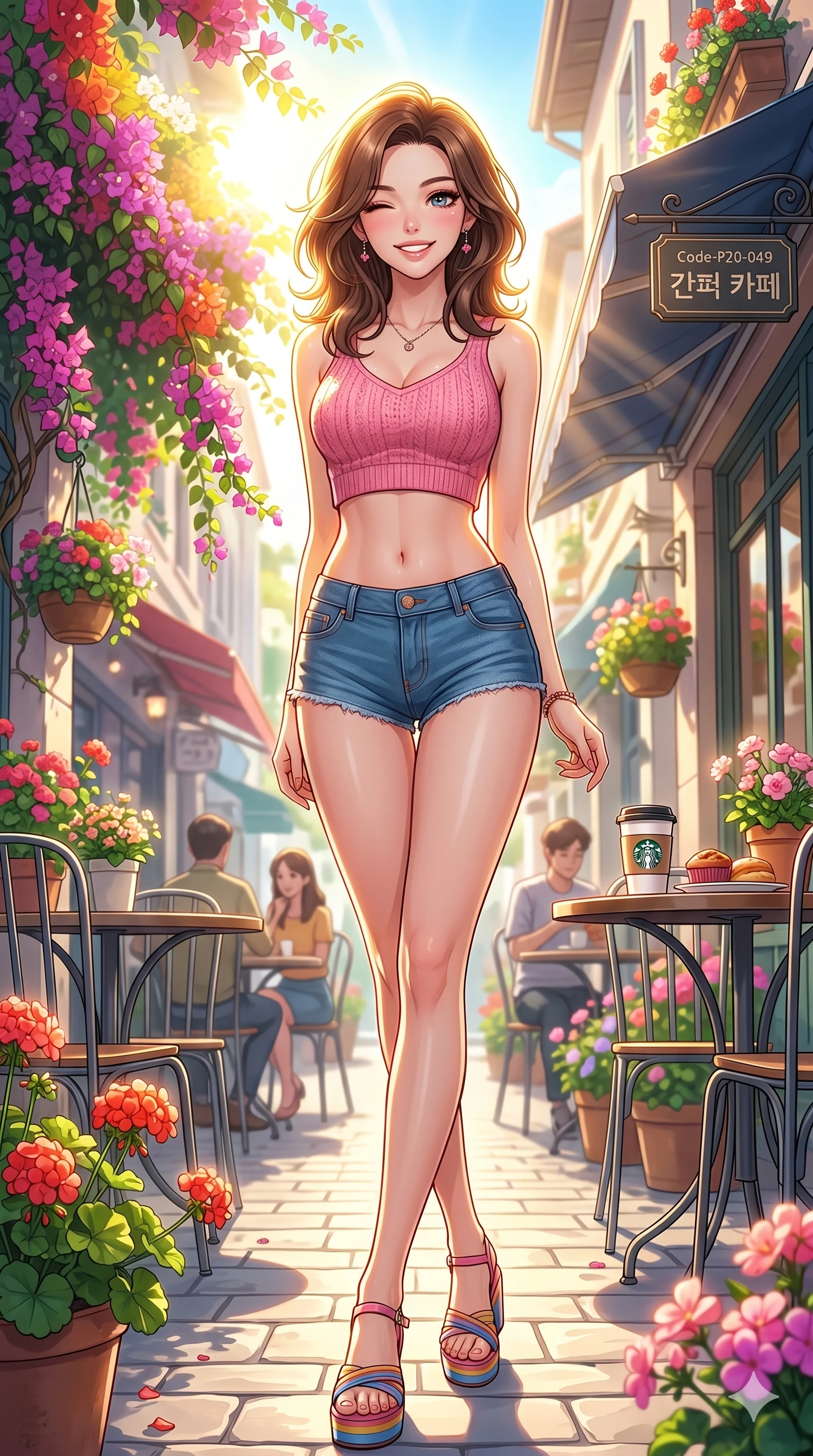 score_9, masterpiece, best quality, ultra-detailed, high-budget anime keyframe, vibrant anime aesthetic, Korean woman. low angle full-body shot from head to toe showing her feet, filling the entire 9:16 vertical frame with her statuesque presence, stretching her vertical silhouette. She is standing in the sun, winking and smiling delightfully at the camera by a vibrant street cafe terrace with colorful flowers (Code-P20-049). She has an absolutely perfect 8-heads proportion, an exceptionally tall and slender female figure with impossibly long slender legs and an ultra-slim waist. V-shaped jawline, high-bridge nose, intricate jewel-like eyes with depth, thick eyelashes, glossy lips with a natural sheen. wearing a crop top showing her bare midriff and denim micro-shorts in pink knit. She is drenched in brilliant midday sunbeams, casting a radiant halo around her hair. 2k, ultra detail, master piece, 9:16 ratio