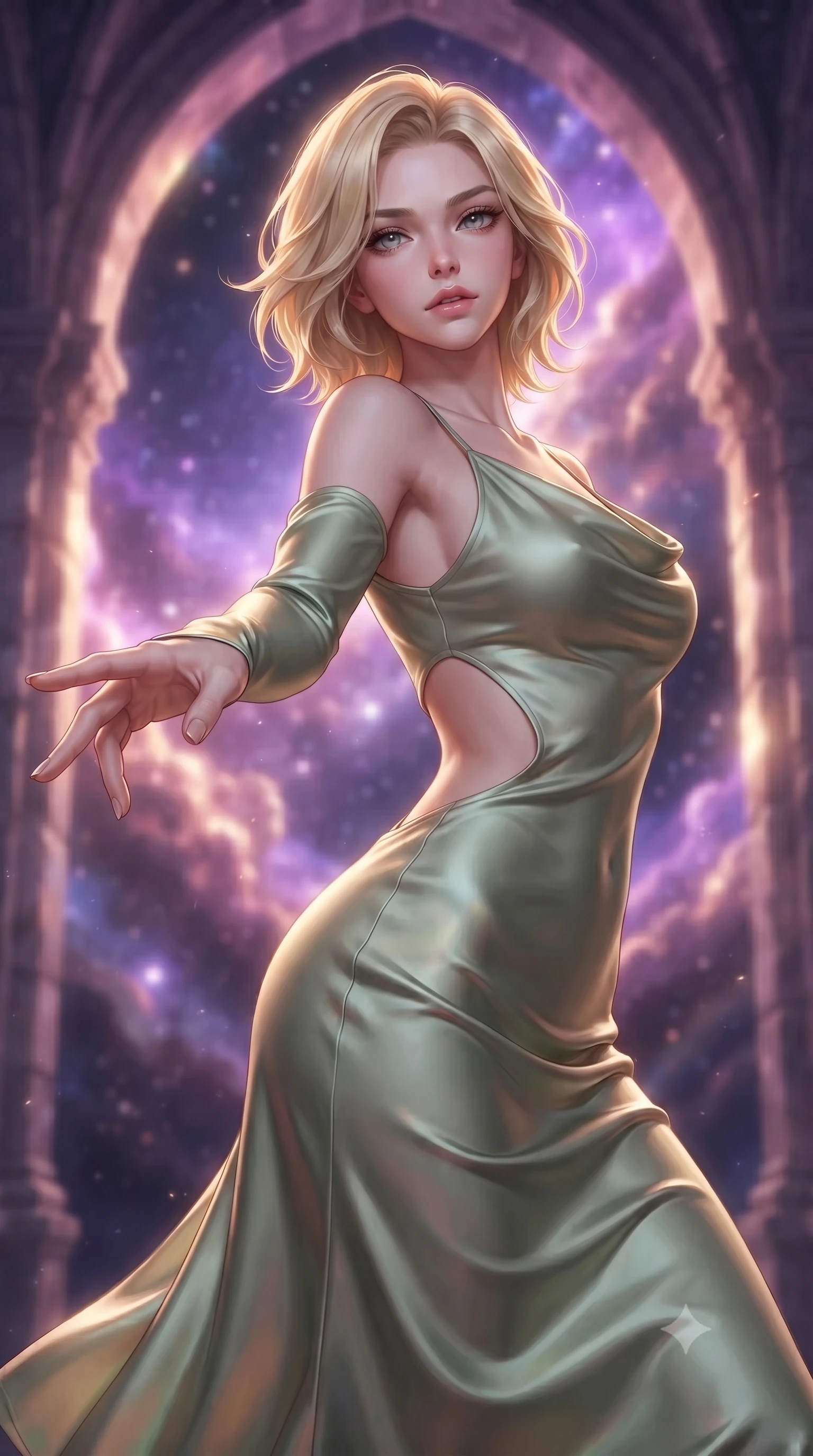 score_9, masterpiece, best quality, ultra-detailed, high-budget anime keyframe, editorial fashion photography, tasteful artistic composition, Caucasian woman. close-up cowboy shot from the waist and thighs up, the character dominates the composition, filling the frame with her large presence, background elements kept in soft focus. Reaching her hand gracefully toward the camera with magnetic allure, her torso turning in a dynamic S-curve alignment while pivoting her body in a dynamic S-curve as cosmic nebula clouds swirl around her, vivid purple and rose-gold nebula clouds glowing through cathedral-like arches. She has an exceptionally elegant, slender, and willowy female figure with an ultra-slim waist, a gracefully sculpted slender torso, and a refined silhouette. sharp v-shaped jawline, high-bridge nose, intricate jewel-like eyes with depth, thick eyelashes, glossy lips with a natural sheen, flawlessly proportioned anatomical accuracy, natural body alignment, perfectly sculpted elegant limbs, clean dynamic posture without body distortion. wearing an elegant cowl-neck satin midi dress with a graceful draped neckline in sage green and oatmeal, crafted from smooth liquid silk, featuring clean architectural cutouts along her slender torso, the glove-like fit emphasizing her statuesque silhouette during motion. surrounded by a divine cosmic aura with bright golden specular rim lights. ultra-reflective glossy finish, specular highlights, metallic sheen, high-contrast stereoscopic depth, volumetric dynamic lighting, 2k, ultra detail, master piece, 9:16 ratio