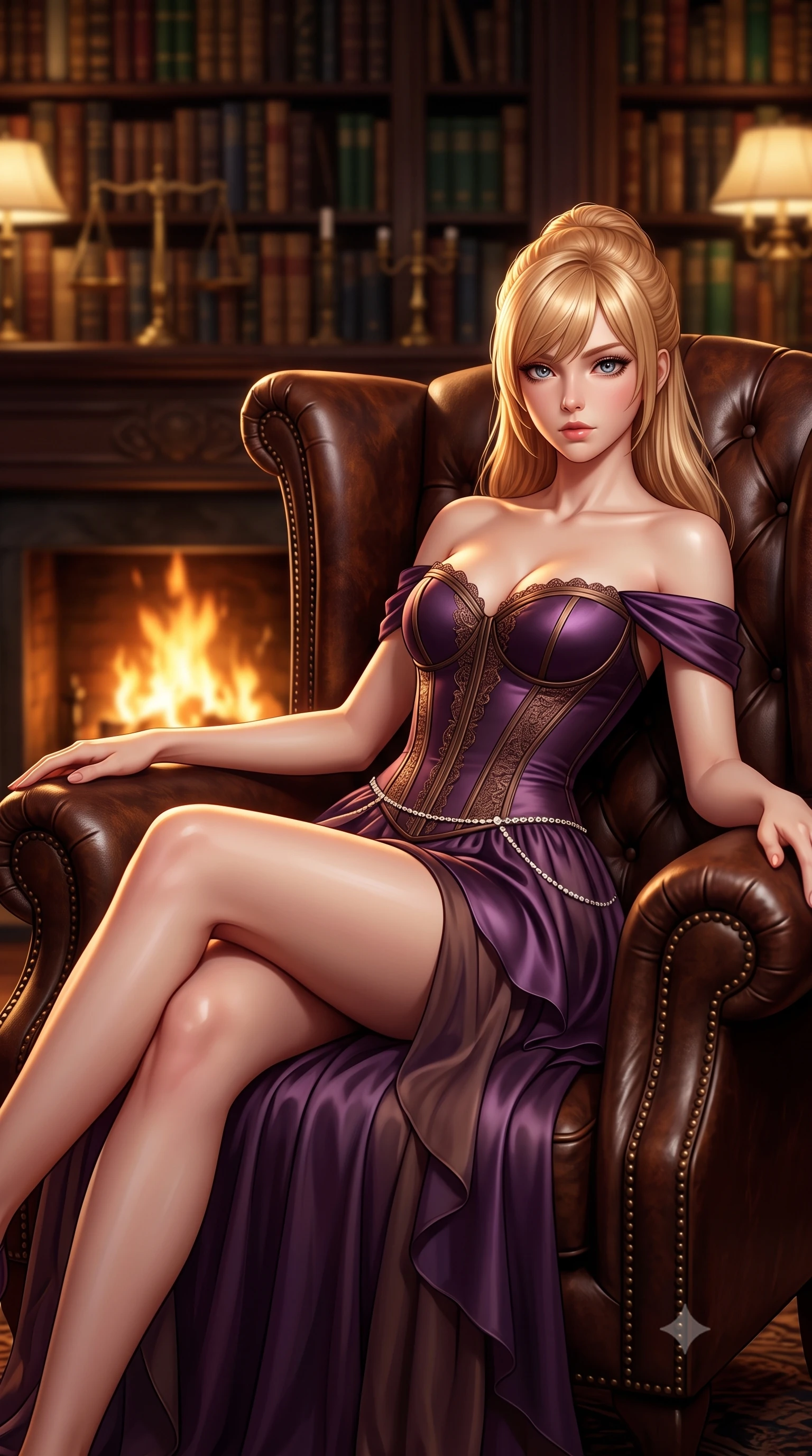 score_9, masterpiece, best quality, ultra-detailed, high-budget anime keyframe, semi-realistic 3D game render, editorial fashion photography, tasteful artistic composition, Caucasian woman. close-up cowboy shot from the waist and thighs up, the character dominates the composition, filling the frame with her large presence. leaning back with relaxed seductive grace, her sculpted collarbones and narrow waist highlighted as she casts smoldering bedroom-eyes directly into the camera while reclining languidly in an oversized tufted leather reading armchair before a roaring hearth, long legs draped gracefully over the armrest. The composition keeps background elements in soft focus with creamy bokeh. thousands of leather-bound antique book spines and brass library lamps blurred into deep whiskey-gold, mahogany, and emerald bokeh. She has an exceptionally elegant, slender, and willowy female figure with an ultra-slim waist, flat toned midriff, narrow ribcage, and sculpted feminine hips creating an alluring, slim hourglass silhouette without bulk. sharp v-shaped jawline, high-bridge nose, intricate jewel-like eyes with depth, thick eyelashes, glossy parted lips with a natural sheen, intensely captivating and seductive bedroom-eyes expression, flawlessly proportioned anatomical accuracy, strict slender model proportions, natural body alignment, perfectly sculpted long slender limbs, ultra-slim waistline, clean dynamic posture without body distortion. wearing an off-shoulder French court corset bodice dress paired with a tiered translucent chiffon slit skirt in deep plum violet and antique bronze, tailored from ultra-smooth duchess satin with a pearlescent sheen, accented with a dainty diamond waist chain catching the ambient light reflections, the glove-like aerodynamic silhouette tightly following the natural contour of her hips and long slender legs with statuesque 8.5-heads elegance. illuminated by rich directional firelight sculpting every feminine curve of her slender silhouette. highly saturated vibrant anime colors, detailed shading with soft gradients, rich glossy textures, high-contrast stereoscopic depth, volumetric dynamic lighting, master piece, 9:16 ratio