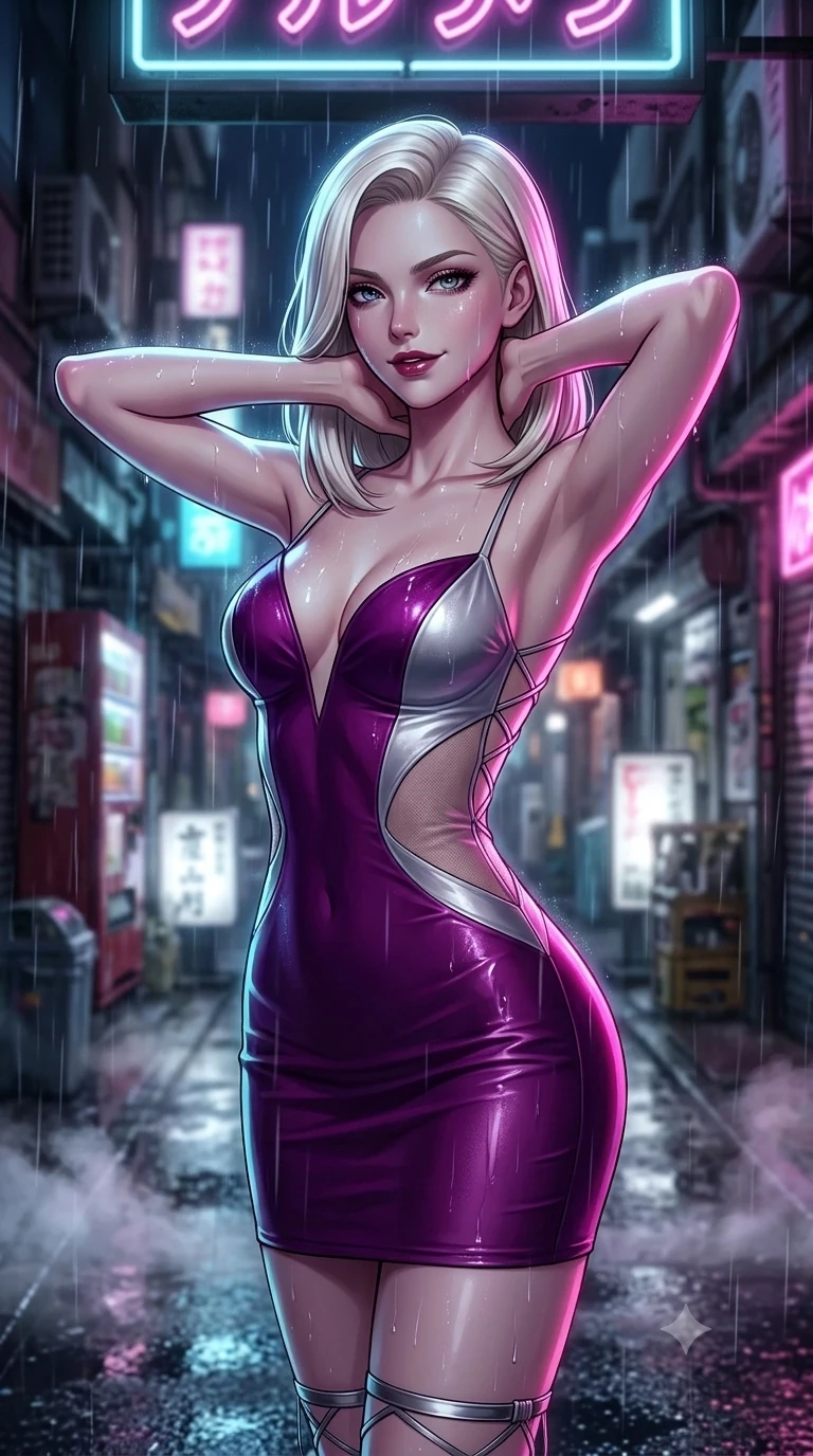 score_9, masterpiece, best quality, ultra-detailed, high-budget anime keyframe, semi-realistic 3D game render, editorial fashion photography, tasteful artistic composition, Caucasian woman. close-up cowboy shot from the waist and thighs up, the character dominates the composition, filling the frame with her large presence. resting both hands lightly behind her neck with elbows raised, arching her spine to highlight her narrow waist, flat midriff, and breathtaking collarbones while pausing beneath an overhanging neon sign with hips cocked back, flashing a dangerous, flirtatious half-smile through falling raindrops. The background shows a soft-focus nocturnal Tokyo alleyway softened in atmospheric rain shallow focus. She has an exceptionally elegant, slender, and willowy female figure with an ultra-slim waist, flat toned midriff, narrow ribcage, and sculpted feminine hips creating an alluring, slim hourglass silhouette without bulk. sharp v-shaped jawline, high-bridge nose, intricate jewel-like dark sparkling eyes with dangerous depth, thick curled eyelashes, glossy parted lips with a rich wine sheen, smoldering seductive half-smile with bedroom-eyes, exuding effortless superiority and intoxicating dark allure, flawlessly proportioned anatomical accuracy, strict slender model proportions, natural body alignment, perfectly sculpted long slender limbs, ultra-slim waistline, clean dynamic posture without body distortion. wearing an alluring plunging sweetheart bodice dress with sheer mesh side-waist cutouts contouring her ribs in royal amaranth purple and liquid platinum, featuring fine criss-cross satin back lacing tracing her slender spine, complemented by strappy stiletto heels with metallic ankle cuffs accentuating her slender calves, the liquid-tight tailored fabric clinging flawlessly to her narrow waist and rounded feminine hips, emphasizing every millimeter of her sculpted slim hourglass curves without any bulky heaviness. illuminated by steam-lit ground bounce and sharp fuchsia-cyan rim lights defining her razor-sharp jawline, narrow waist, and curvy hips. highly saturated vibrant anime colors, detailed shading with soft gradients, rich glossy textures, high-contrast stereoscopic depth, volumetric dynamic lighting, master piece, 9:16 ratio
