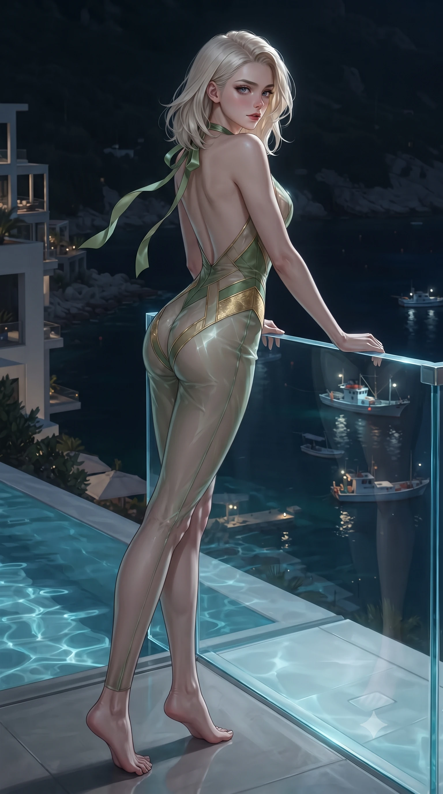 score_9, masterpiece, best quality, ultra-detailed, high-budget anime keyframe, editorial fashion photography, tasteful artistic composition, Caucasian woman. low angle full-body shot from head to toe showing her feet, filling the entire 9:16 vertical frame with her statuesque presence, stretching her vertical silhouette. executing a slow, graceful pivot turn as her skirt sways around her slender legs, glancing back with an enchanting, teasing sensual expression while leaning against the clear acrylic infinity rim with hips cocked back, looking down at illuminated fishing boats in the dark bay with smoldering bedroom-eyes. The surrounding environment is rendered in vivid detail and crisp panoramic clarity: detailed ethereal sheer pleated georgette resort slip dress, hip-high side slits, open cowl back, and coastal architecture in razor-sharp precision. She has an exceptionally tall and slender model-like 8.5-heads proportion, an ultra-slim waist, a flat toned midriff, narrow delicate ribcage, and beautifully sculpted feminine hips creating a graceful, slim hourglass silhouette without any bulky heaviness, with impossibly long slender legs. sharp v-shaped jawline, high-bridge nose, intricate jewel-like sparkling eyes with depth, thick eyelashes, glossy parted lips with a natural peach sheen, bright cheerful beaming smile with an enchanting and coquettish sensual glint, exuding both youthful cute charm and seductive allure, flawlessly proportioned anatomical accuracy, strict slender model proportions, natural body alignment, perfectly sculpted long slender limbs, ultra-slim waistline, clean dynamic posture without body distortion. wearing a provocative backless sheer illusion halter catsuit with strategic opaque geometric panels hugging her hourglass waist in Gion antique matcha green and gilded gold leaf, crafted from translucent silk organza with an ethereal crystalline sheen, finished with satin ribbon ties at the shoulders fluttering in the gentle breeze, the form-contouring silhouette accentuating her sculpted flat midriff, narrow delicate ribcage, and gracefully curvy hips with intoxicating allure. illuminated by water surface reflection bounce and sharp platinum-cyan rim lights defining her dewy collarbones, ultra-slim waist, and curvy hips. ultra-reflective glossy finish, specular highlights, rich textural contrasts, high-contrast stereoscopic depth, volumetric dynamic lighting, 2k, ultra detail, master piece, 9:16 ratio