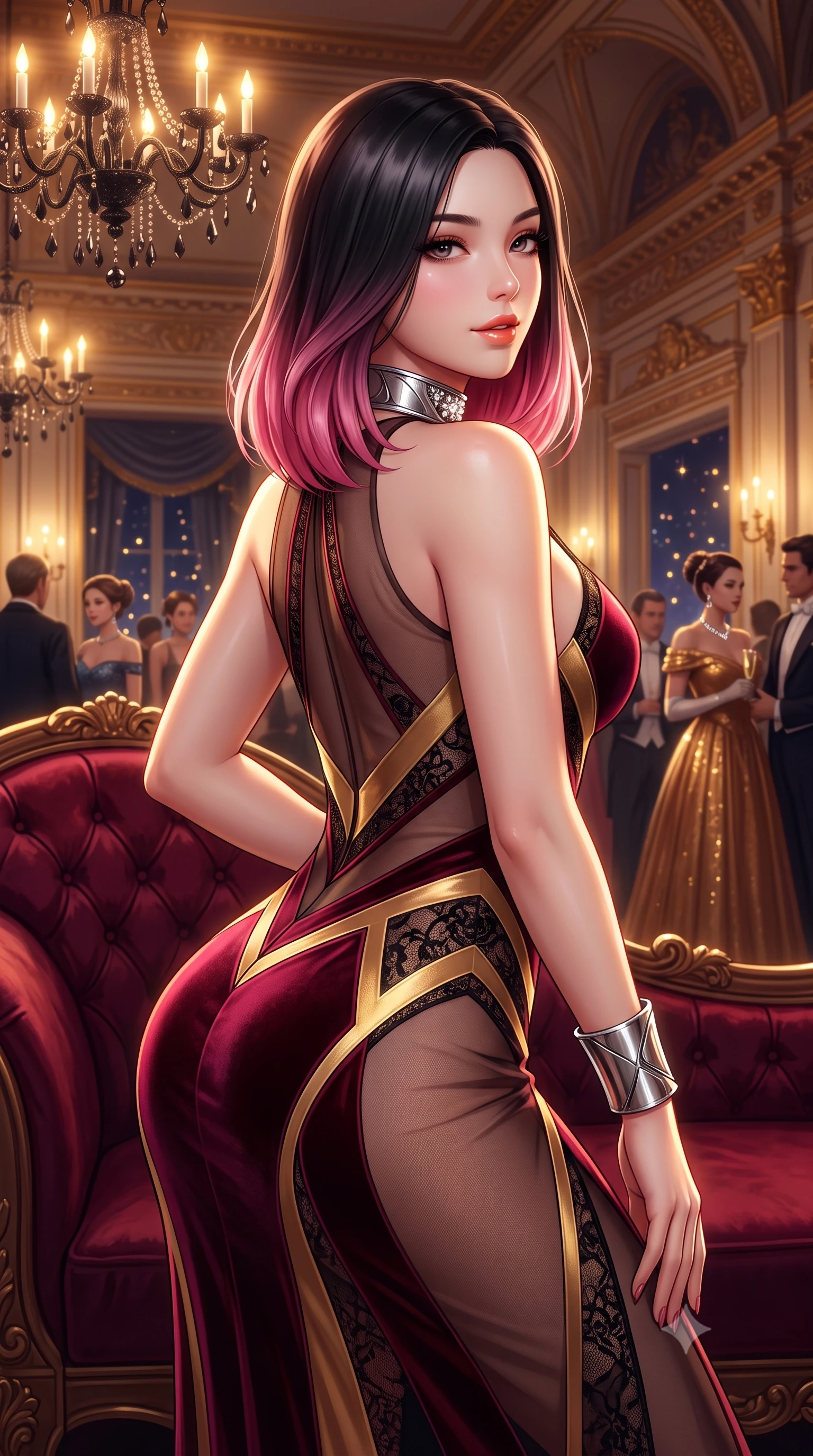 score_9, masterpiece, best quality, ultra-detailed, high-budget anime keyframe, semi-realistic 3D game render, editorial fashion photography, tasteful artistic composition, Korean woman. close-up cowboy shot from the waist and thighs up, the character dominates the composition, filling the frame with her large presence. posing in an alluring rear three-quarter angle, looking over a bare shoulder with parted glossy lips, her hips cocked back to highlight her slim hourglass curve while lounging across an ornate velvet-upholstered chaise lounge, her long slender legs and hourglass silhouette commanding the nocturnal hall. The surrounding environment is rendered in vivid detail and crisp panoramic clarity: detailed satin slip gown drape, diamond choker shine, and palatial ballroom architecture in high resolution. She has an exceptionally elegant, slender, and willowy female figure with an ultra-slim waist, flat toned midriff, narrow ribcage, and sculpted feminine hips creating an alluring, slim hourglass silhouette without bulk. sharp v-shaped jawline, high-bridge nose, sparkling eyes with hypnotic seductive depth, thick curled eyelashes, glossy parted lips with a natural dewy peach sheen, alluring bedroom-eyes with an enchanting coquettish smile, exuding magnetic siren charisma and sophisticated glamour, flawlessly proportioned anatomical accuracy, strict slender model proportions, natural body alignment, perfectly sculpted long slender limbs, ultra-slim waistline, clean dynamic posture without body distortion. wearing a provocative sheer illusion mesh column gown with opaque geometric panels strategically hugging her curves in smoldering bordeaux wine and liquid gold with black chantilly lace, tailored from ultra-plush velvet with rich tactile depth and deep shadow gradients, finished with a sculptural silver torque collar and a matching wide architectural wrist cuff, the form-contouring silhouette accentuating her sculpted flat midriff, narrow delicate ribcage, and gracefully curvy hips with intoxicating allure. bathed in the glittering amber-and-gold brilliance of black-crystal chandelier candle bulbs. highly saturated vibrant anime colors, detailed shading with soft gradients, rich glossy textures, high-contrast stereoscopic depth, volumetric dynamic lighting, master piece, 9:16 ratio