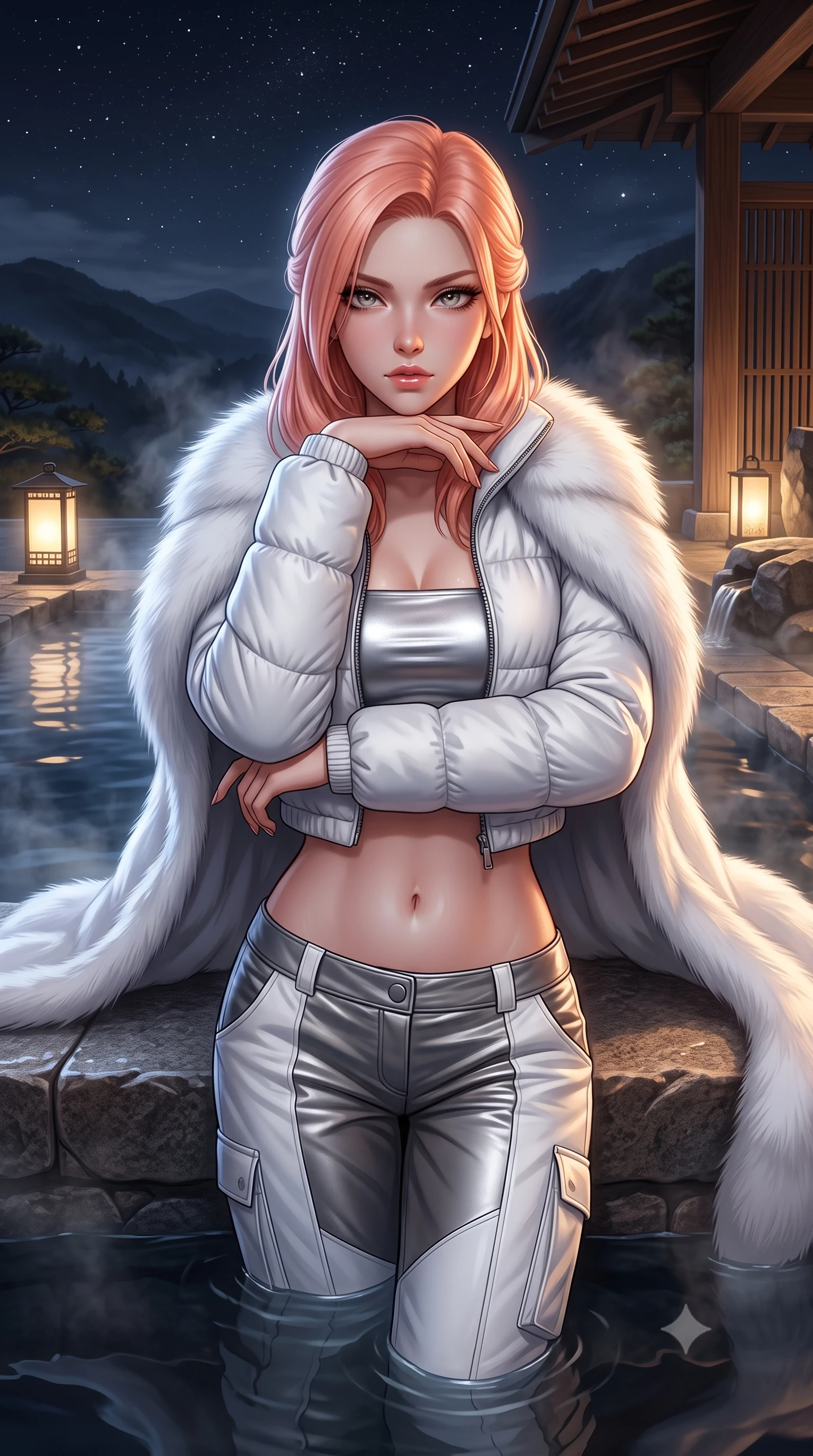 score_9, masterpiece, best quality, ultra-detailed, high-budget anime keyframe, semi-realistic 3D game render, editorial fashion photography, tasteful artistic composition, Japanese woman. close-up cowboy shot from the waist and thighs up, the character dominates the composition, filling the frame with her large presence. tilting her chin up with proud, sovereign allure while gazing through thick eyelashes with an irresistible, dangerous bedroom-gaze while resting her chin on her crossed arms at the infinity pool's edge, gazing into the camera with bedroom-eyes. The surrounding environment is rendered in vivid detail and crisp panoramic clarity. atmospheric nocturnal thermal chiaroscuro and private mountain hot-spring luxury in precision. She has an exceptionally elegant, slender, and willowy female figure with an ultra-slim waist, a gracefully sculpted slender torso, toned flat midriff, and a refined slim silhouette. sharp v-shaped jawline, high-bridge nose, intricate jewel-like eyes with depth, thick eyelashes, glossy parted lips with a natural sheen, intensely captivating and seductive expression, flawlessly proportioned anatomical accuracy, strict slender model proportions, natural body alignment, perfectly sculpted long slender limbs, ultra-slim waistline, clean dynamic posture without body distortion. wearing a cropped white puffer jacket worn over a metallic silver tube top and low-slung insulated cargo pants in metallic titanium and arctic fox white, tailored from water-resistant ski-tech stretch gabardine with fleece lining, complemented by an opulent white fox-fur stole draped loosely over her shoulders, the sweeping couture drape swaying majestically with her steps, accentuating her tall statuesque limbs and slender waistline. surrounded by an intimate, tranquil, and deeply sensual mountain onsen muse aura. highly saturated vibrant anime colors, detailed shading with soft gradients, rich glossy textures, high-contrast stereoscopic depth, volumetric dynamic lighting, master piece, 9:16 ratio