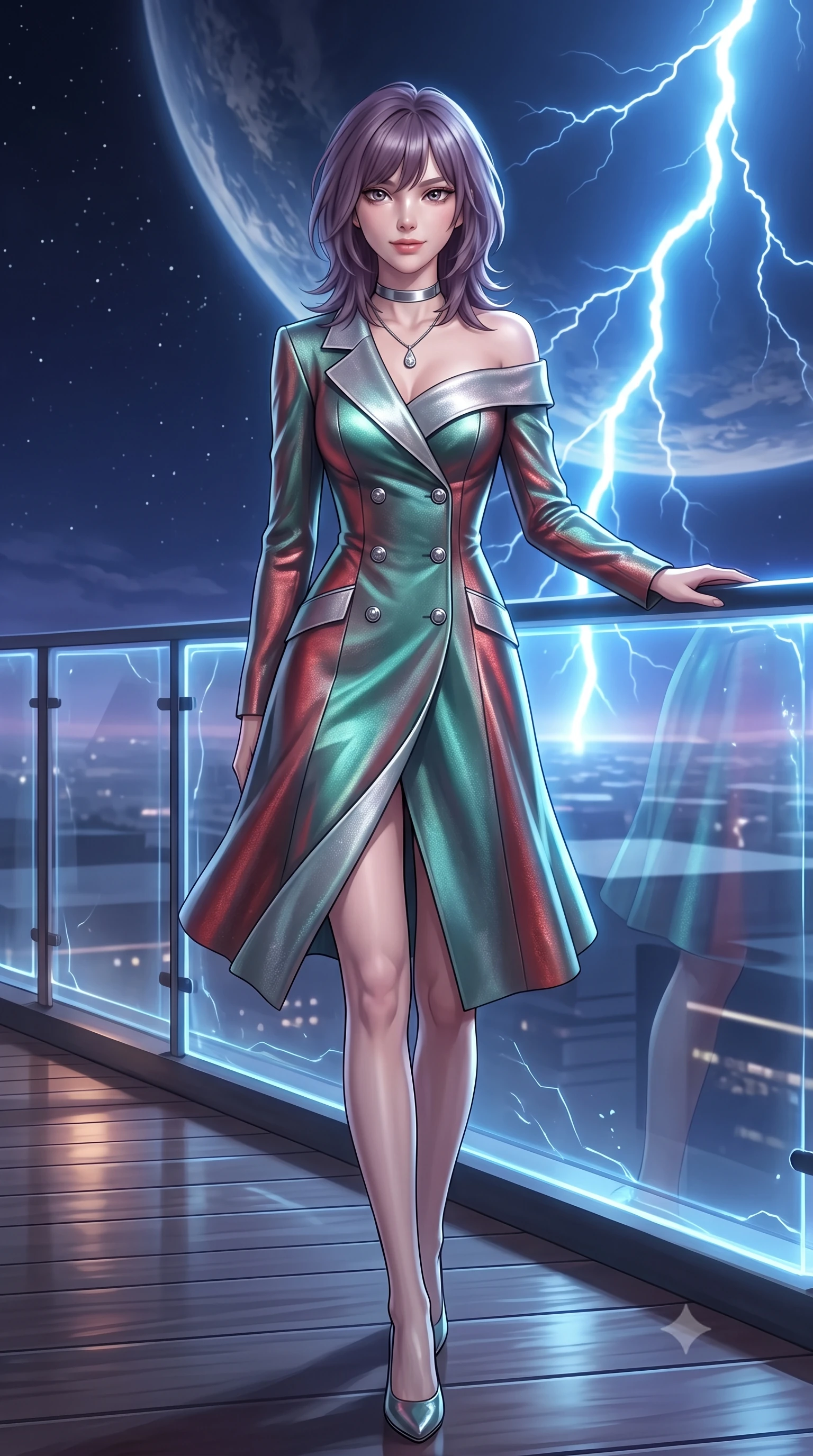 score_9, masterpiece, best quality, ultra-detailed, high-budget anime keyframe, semi-realistic 3D game render, editorial fashion photography, tasteful artistic composition, Japanese woman. low angle full-body shot from head to toe showing her feet, filling the entire 9:16 vertical frame with her statuesque presence, stretching her vertical silhouette. walking along the terrace with poise, looking back over her bare shoulder with an irresistible smoldering bedroom-gaze while leaning against the plasma-shielded balcony with hips cocked back, watching colossal blue atmospheric lightning flashes with heavy-lidded bedroom-eyes. The surrounding environment is rendered in vivid detail and crisp panoramic clarity: detailed garment styling, vibrant anime shading, and monumental planetary scale in high resolution. She has an exceptionally tall and slender model-like 8.5-heads proportion, an ultra-slim waist, a flat toned midriff, narrow delicate ribcage, and beautifully sculpted feminine hips creating a graceful, slim hourglass silhouette without any bulky heaviness, with impossibly long slender legs. sharp v-shaped jawline, high-bridge nose, intricate jewel-like sparkling eyes with depth, thick eyelashes, glossy parted lips with a natural peach sheen, bright cheerful beaming smile with an enchanting and coquettish sensual glint, exuding both youthful cute charm and seductive allure, flawlessly proportioned anatomical accuracy, strict slender model proportions, natural body alignment, perfectly sculpted long slender limbs, ultra-slim waistline, clean dynamic posture without body distortion. wearing a tailored double-breasted iridescent silk lamé coat dress with metallic button closures in polar aurora jade and starlight platinum, tailored from high-density tech-wool with subtle metallic thread weave, finished with a minimalist chrome choker and a single teardrop diamond pendant, the impeccably tailored cut draping gracefully along her slender figure with aristocratic poise. illuminated by deck reflection bounce and sharp cyan-white lightning rim lights defining her jawline, narrow waist, and curvy hips. highly saturated vibrant anime colors, detailed shading with soft gradients, rich glossy textures, high-contrast stereoscopic depth, volumetric dynamic lighting, master piece, 9:16 ratio
