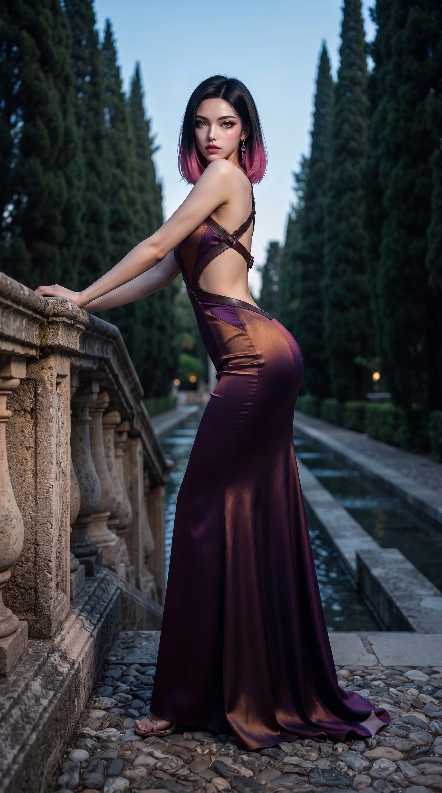score_9, masterpiece, best quality, ultra-detailed, high-budget anime keyframe, editorial fashion photography, tasteful artistic composition, Korean woman. low angle full-body shot from head to toe showing her feet, filling the entire 9:16 vertical frame with her statuesque presence, stretching her vertical silhouette. leaning deep against the structural architecture with hips cocked in an unapologetically bold, seductive high-fashion stance while standing poised on the cobblestone stair landing shaded by towering cypress trees, twisting her slender torso in an alluring S-curve in the twilight. The composition keeps background elements in soft focus with creamy bokeh. gliding water channels in the stone balustrades softened in romantic Moorish shallow focus. She has an exceptionally tall and slender model-like 8.5-heads proportion, an ultra-slim waist, a flat toned midriff, narrow delicate ribcage, and beautifully sculpted feminine hips creating a graceful, slim hourglass silhouette without any bulky heaviness, with impossibly long slender legs. sharp v-shaped jawline, high-bridge nose, intricate jewel-like eyes with depth, thick eyelashes, glossy parted lips with a natural sheen, intensely captivating and seductive bedroom-eyes expression, flawlessly proportioned anatomical accuracy, strict slender model proportions, natural body alignment, perfectly sculpted long slender limbs, ultra-slim waistline, clean dynamic posture without body distortion. wearing a sculptured liquid-satin mermaid gown with an architectural open-waist cutout and bare spine in deep plum violet and antique bronze, made of fluid silk crepe with delicate inner corsetry boning, featuring an open-back criss-cross harness strap in dark leather, the liquid-tight tailored fabric clinging flawlessly to her narrow waist and rounded feminine hips, emphasizing every millimeter of her sculpted slim hourglass curves without any bulky heaviness. illuminated by cool water surface specular reflections sharply defining her razor-sharp jawline, narrow waist, and curvy hips. ultra-reflective glossy finish, specular highlights, rich textural contrasts, high-contrast stereoscopic depth, volumetric dynamic lighting, 2k, ultra detail, master piece, 9:16 ratio