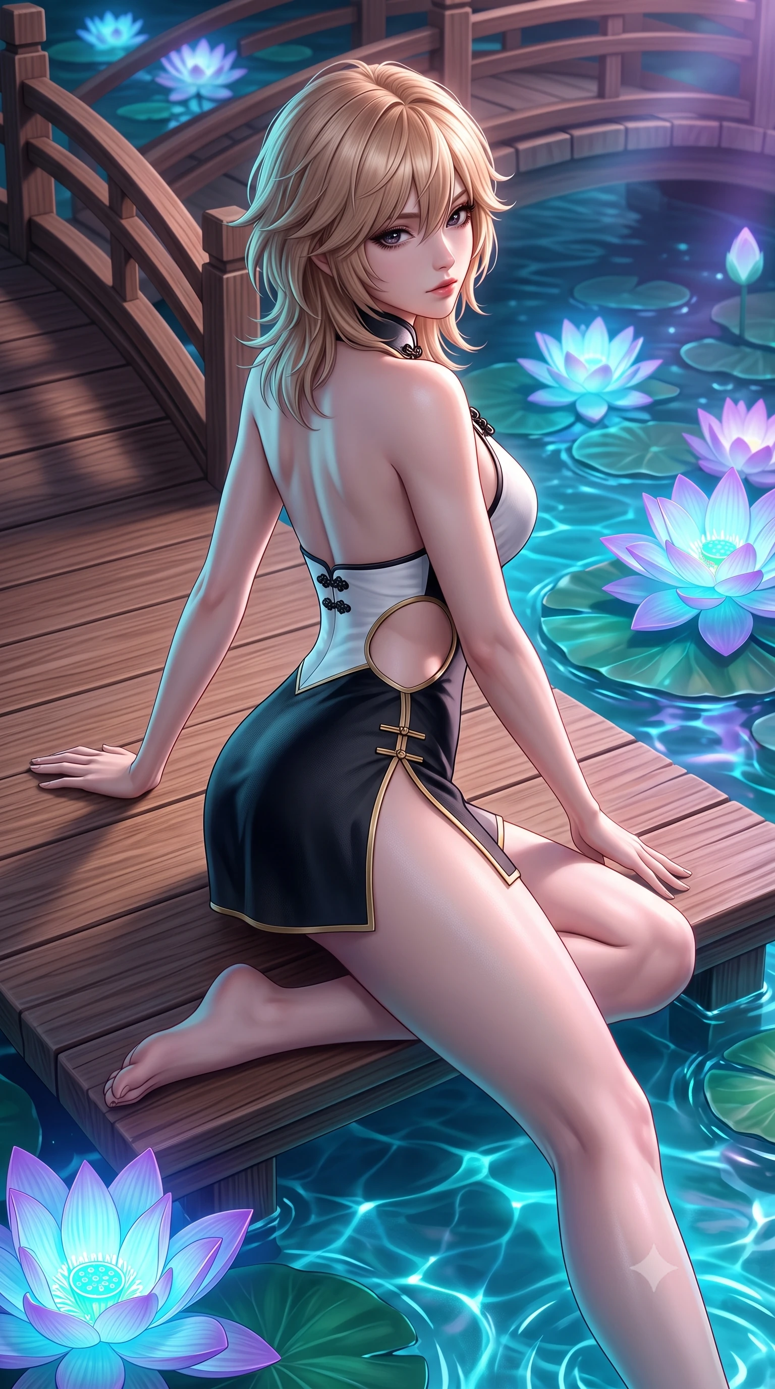 score_9, masterpiece, best quality, ultra-detailed, high-budget anime keyframe, semi-realistic 3D game render, editorial fashion photography, tasteful artistic composition, Japanese woman. close-up cowboy shot from the waist and thighs up, the character dominates the composition, filling the frame with her large presence. posing in an alluring rear three-quarter angle, turning over a bare shoulder with an intoxicating gaze, her hips cocked back to highlight her slim hourglass curve while lounging gracefully across a wooden landing platform propped on one arm, her long slender legs and hourglass curves radiating fantasy allure. The surrounding environment is rendered in vivid detail and crisp panoramic clarity: sharp bridge wooden arch grain, water lily petal venation, and crystal-clear glowing water ripple clarity in deep focus. She has an exceptionally elegant, slender, and willowy female figure with an ultra-slim waist, flat toned midriff, narrow ribcage, and sculpted feminine hips creating an alluring, slim hourglass silhouette without bulk. sharp v-shaped jawline, high-bridge nose, intricate jewel-like dark sparkling almond eyes with depth, thick lashes, glossy parted lips with a natural rose-plum sheen, bright alluring and coquettish smile with bedroom-eyes, exuding both timeless oriental elegance and sovereign high-fashion allure, flawlessly proportioned anatomical accuracy, strict slender model proportions, natural body alignment, perfectly sculpted long slender limbs, ultra-slim waistline, clean dynamic posture without body distortion. wearing a backless halter qipao mini dress with delicate frog-button closures and side waist cutouts framing her hourglass curves in stark monochrome black and white ink contrast, tailored from fine crisp cotton-linen with clean structural lines, finished with sharp laser-cut side hip slits framed by gold piping, the form-fitting tailored bodice adhering flawlessly to her sculpted flat midriff and slender torso, emphasizing her long leg lines and perfectly proportioned willowy build. bathed in magical cyan and violet bioluminescent light radiating from the lotus pond. highly saturated vibrant anime colors, detailed shading with soft gradients, rich glossy textures, high-contrast stereoscopic depth, volumetric dynamic lighting, master piece, 9:16 ratio