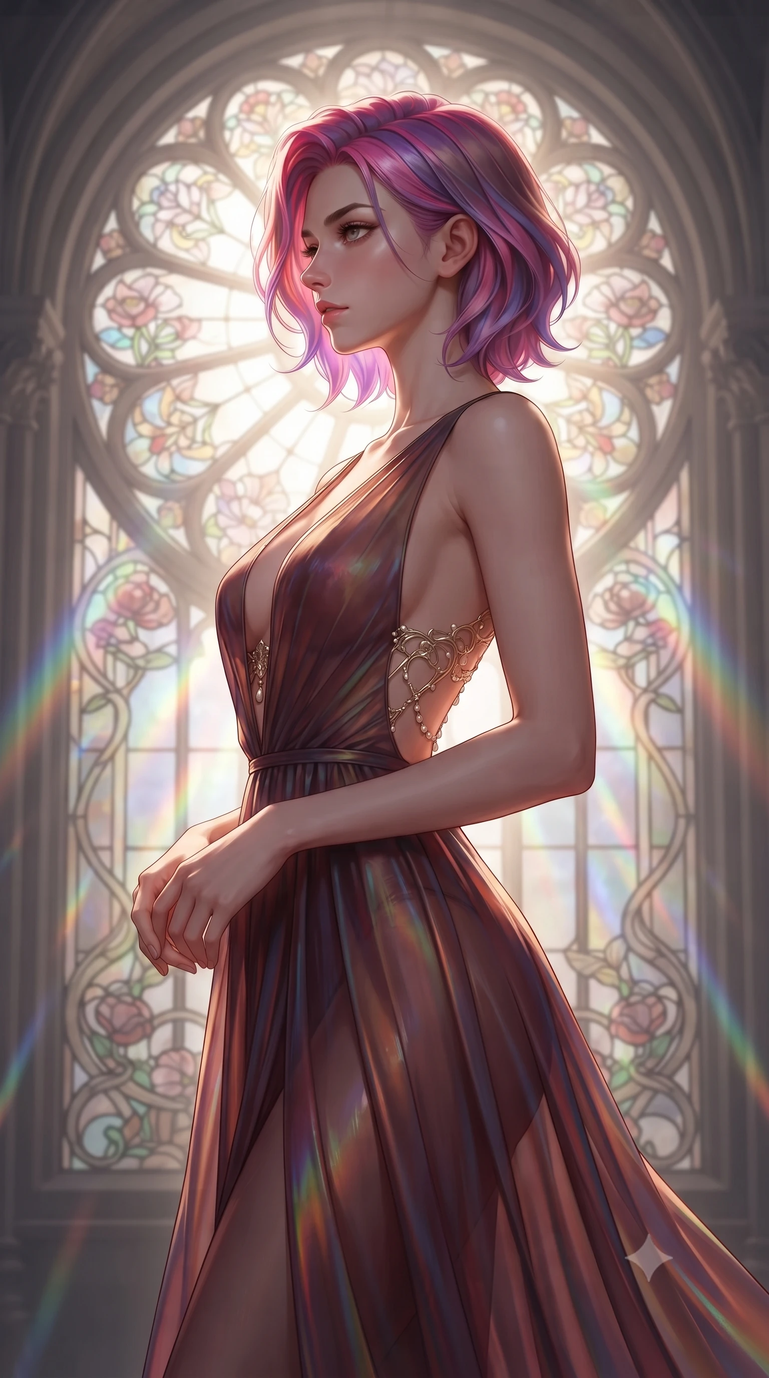 score_9, masterpiece, best quality, ultra-detailed, high-budget anime keyframe, editorial fashion photography, tasteful artistic composition, Caucasian woman. close-up cowboy shot from the waist and thighs up, the character dominates the composition, filling the frame with her large presence, background elements kept in soft focus. Turning her face in sharp dramatic profile against the bright light, showcasing her sharp v-shaped jawline standing before a monumental Art Nouveau stained glass rose window, intricate floral Art Nouveau motifs decorating the surrounding stone. She has an exceptionally elegant, slender, and willowy female figure with an ultra-slim waist, a gracefully sculpted slender torso, and a refined silhouette. sharp v-shaped jawline, high-bridge nose, intricate jewel-like eyes with depth, thick eyelashes, glossy lips with a natural sheen. wearing a translucent iridescent chiffon gown with a plunging neckline and open back in deep burgundy and bronze, crafted from iridescent chiffon that shifts colors in the light, accented with a Tasteful chest slit framing her clavicle gracefully, the form-contouring material highlighting her ultra-slim waist and long lines. bathed in cascading rainbow prismatic light refracting through stained glass. highly saturated vibrant anime colors, detailed shading with soft gradients, rich glossy textures, high-contrast stereoscopic depth, volumetric dynamic lighting, master piece, 9:16 ratio