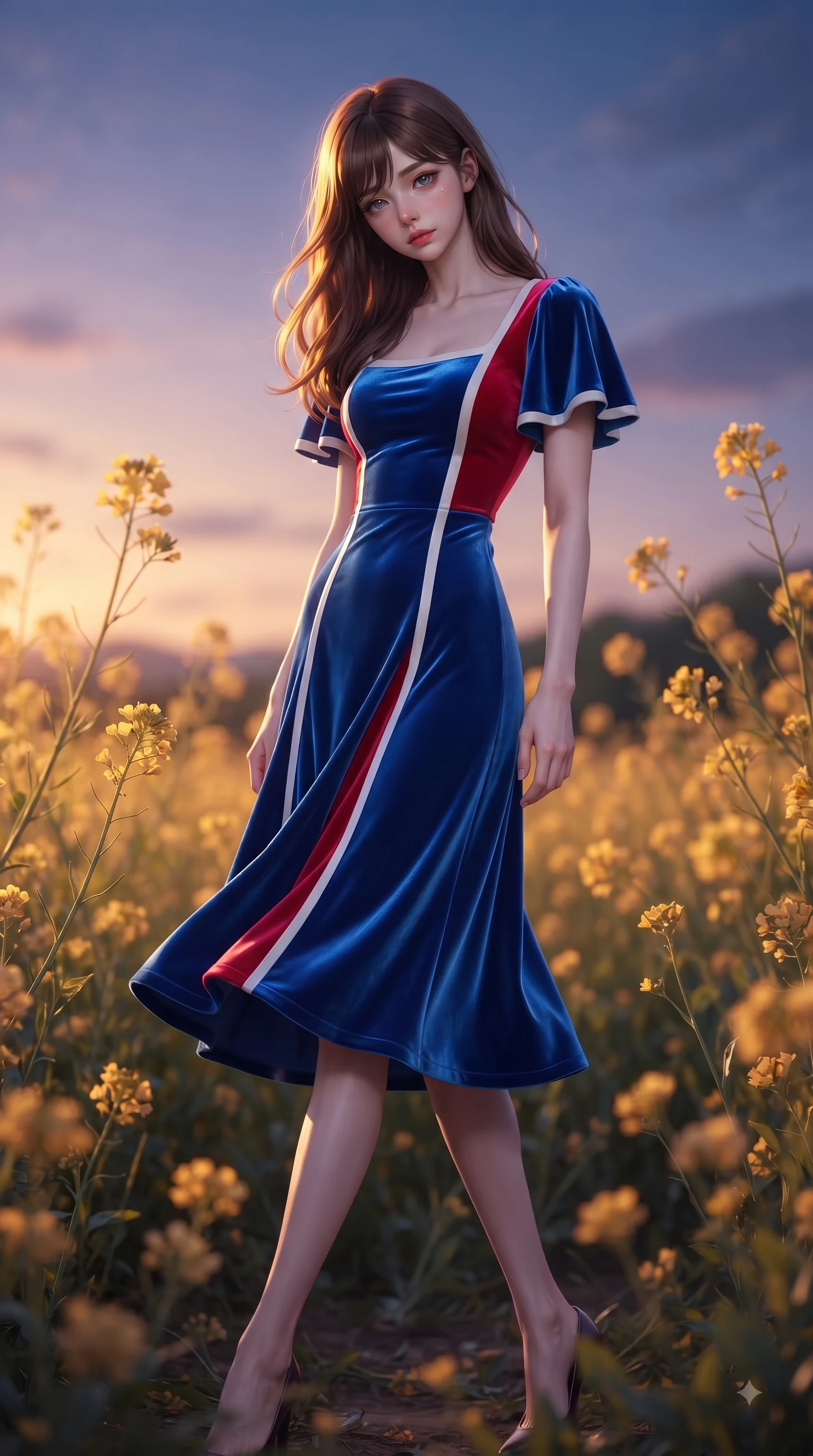 score_9, masterpiece, best quality, ultra-detailed, high-budget anime keyframe, editorial fashion photography, tasteful artistic composition, Korean woman. low angle full-body shot from head to toe showing her feet, filling the entire 9:16 vertical frame with her statuesque presence, stretching her vertical silhouette. Heart-tugging melancholic glance with a subtle drop of emotion in her eyes and a quiet wistful posture while resting gracefully among golden blossoms as the setting sun illuminates her hair. The composition keeps background elements in soft focus with dreamy bokeh. swaying flower stems and soft twilight skies softened by gentle shallow depth of field. She has an absolutely perfect, statuesque 8.5-heads proportion, an exceptionally tall and slender model-like female figure with impossibly long slender legs and an ultra-slim waist. sharp v-shaped jawline, high-bridge nose, intricate jewel-like eyes with depth, thick eyelashes, glossy lips with a natural sheen, flawlessly proportioned anatomical accuracy, natural body alignment, perfectly sculpted elegant limbs, clean dynamic posture without body distortion. wearing a vivid sapphire blue satin midi dress following her statuesque figure in vibrant crimson red and crisp snow white, made of premium stretch velvet with a rich glossy sheen, featuring elegant flutter sleeves and a graceful square neckline, the fluid drape swaying gracefully with her dynamic editorial movement. illuminated by soft ambient lavender reflections and delicate rim highlights. ultra-reflective glossy finish, specular highlights, metallic sheen, high-contrast stereoscopic depth, volumetric dynamic lighting, 2k, ultra detail, master piece, 9:16 ratio