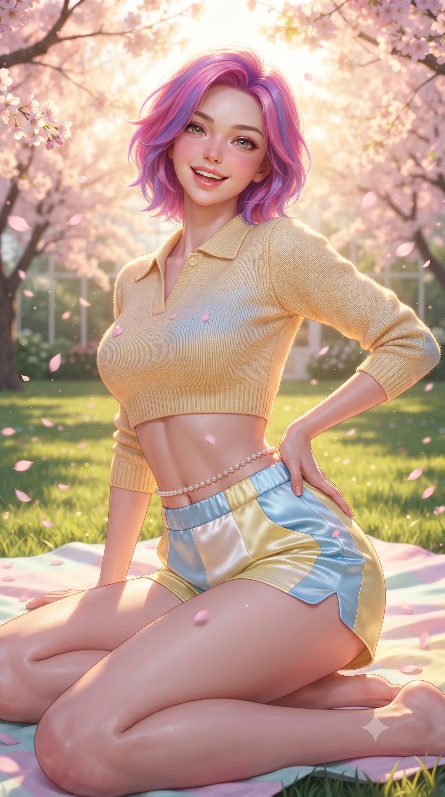 score_9, masterpiece, best quality, ultra-detailed, high-budget anime keyframe, editorial fashion photography, tasteful artistic composition, Caucasian woman. close-up cowboy shot from the waist and thighs up, the character dominates the composition, filling the frame with her large presence. twisting her slender torso in an alluring contrapposto stance, one hand resting on her sculpted hip while flashing a radiant, playful smile with parted glossy lips while sitting on a pastel picnic blanket on the sunlit green lawn, arching her back with a bright, delighted smile as pink sakura petals shower around her. The surrounding environment is rendered in vivid detail and crisp panoramic clarity. sharp cherry blossom petal venation, lush grass textures, and greenhouse glass frame lines in deep focus. She has an exceptionally elegant, slender, and willowy female figure with an ultra-slim waist, flat toned midriff, narrow ribcage, and sculpted feminine hips creating an alluring, slim hourglass silhouette without bulk. sharp v-shaped jawline, high-bridge nose, intricate jewel-like sparkling eyes with depth, thick eyelashes, glossy parted lips with a natural peach sheen, bright cheerful beaming smile with an enchanting and coquettish sensual glint, exuding both youthful cute charm and seductive allure, flawlessly proportioned anatomical accuracy, strict slender model proportions, natural body alignment, perfectly sculpted long slender limbs, ultra-slim waistline, clean dynamic posture without body distortion. wearing a cropped knitted polo sweater paired with high-cut tailored tennis shorts hugging her rounded hips in sunny daffodil yellow and clear sky blue, made of smooth fluid silk satin with a delicate pearlescent sheen, accented with a dainty pearl waist chain catching the ambient sunlight, the high-waisted tailoring accentuating her ultra-slim waistline and the enchanting curve of her feminine hips with alluring charm. bathed in warm, golden spring morning sunlight streaming through flowering tree canopies. ultra-reflective glossy finish, specular highlights, rich textural contrasts, high-contrast stereoscopic depth, volumetric dynamic lighting, 2k, ultra detail, master piece, 9:16 ratio