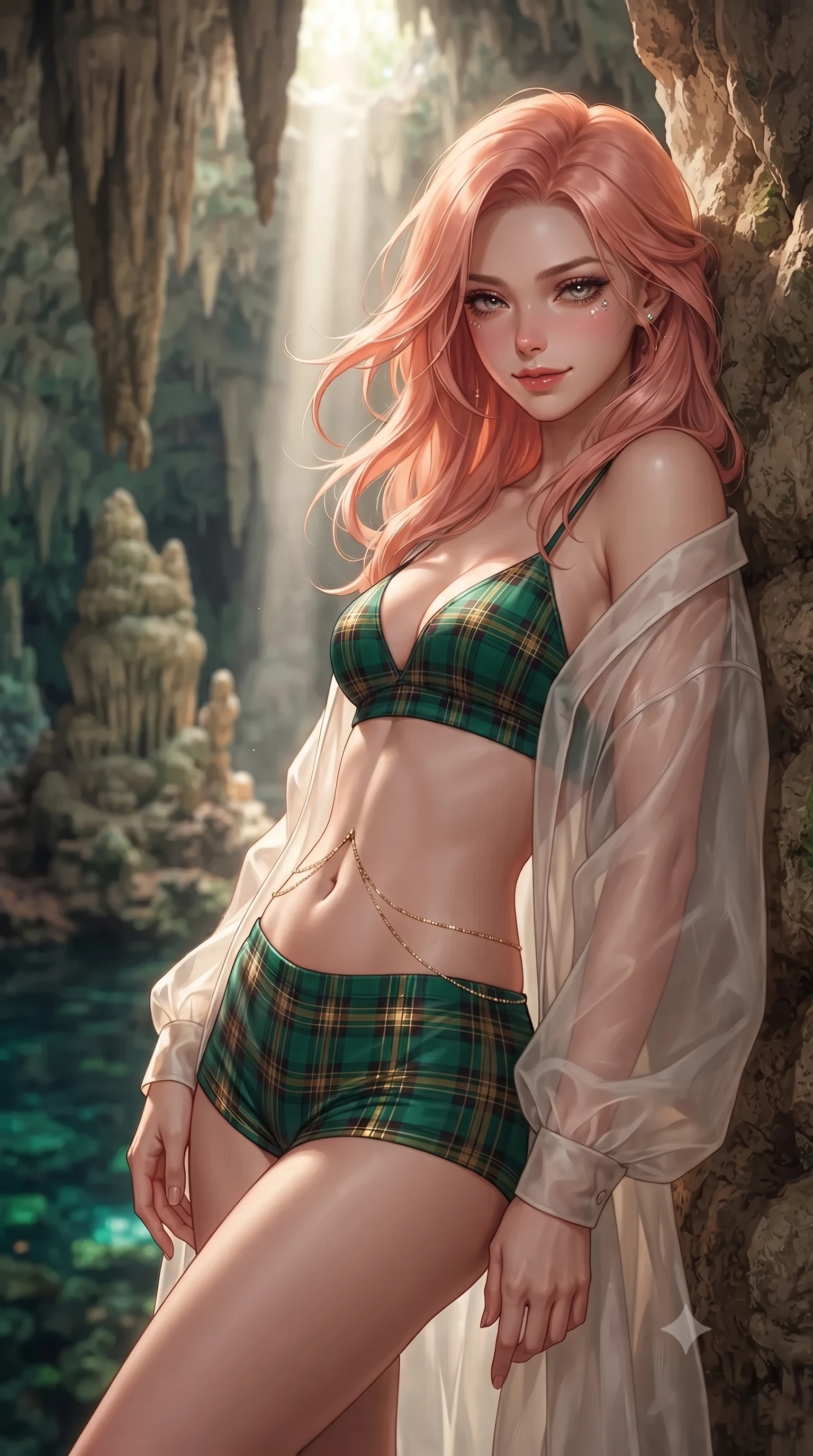 score_9, masterpiece, best quality, ultra-detailed, high-budget anime keyframe, editorial fashion photography, tasteful artistic composition, Japanese woman. close-up cowboy shot from the waist and thighs up, the character dominates the composition, filling the frame with her large presence. turning slowly with an enchanting smoldering smile, her glossy hair tossing in the breeze as her hips angle gracefully in a captivating contrapposto while leaning against the ancient limestone cavern wall with hips cocked back, looking through cathedral-like mineral stalactites with heavy-lidded bedroom-eyes. The background shows a soft-focus colossal hanging limestone stalactites, single beam of sunlight cutting through subterranean mist, and translucent emerald cavern water blurred into jade, topaz, and obsidian bokeh. She has an exceptionally elegant, slender, and willowy female figure with an ultra-slim waist, flat toned midriff, narrow ribcage, and sculpted feminine hips creating an alluring, slim hourglass silhouette without bulk. sharp v-shaped jawline, high-bridge nose, intricate jewel-like sparkling eyes with depth, thick eyelashes, glossy parted lips with a natural peach sheen, bright cheerful beaming smile with an enchanting and coquettish sensual glint, exuding both youthful cute charm and seductive allure, flawlessly proportioned anatomical accuracy, strict slender model proportions, natural body alignment, perfectly sculpted long slender limbs, ultra-slim waistline, clean dynamic posture without body distortion. wearing a sheer silk organza modern caftan robe worn loose and slipping off bare shoulders over a matching satin bralette and micro-shorts in Balmoral royal tartan emerald and gilded brass, made of sheer gossamer chiffon that drapes softly against skin with airy translucence, accented with a dainty gold belly chain resting across her flat midriff and curving hips, the form-contouring silhouette accentuating her sculpted flat midriff, narrow delicate ribcage, and gracefully curvy hips with intoxicating allure. bathed in the theatrical 5000K vertical god-ray sunbeam shaft contrasting with warm 2600K amber cave wall accent downlights. ultra-reflective glossy finish, specular highlights, rich textural contrasts, high-contrast stereoscopic depth, volumetric dynamic lighting, 2k, ultra detail, master piece, 9:16 ratio