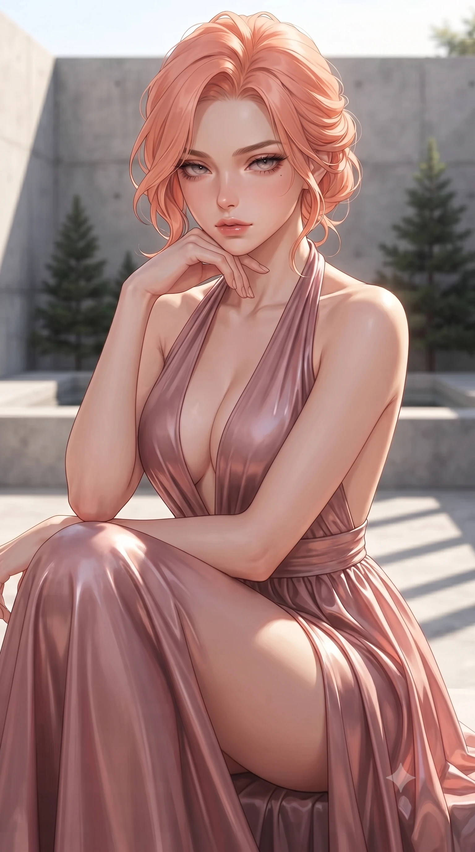 score_9, masterpiece, best quality, ultra-detailed, high-budget anime keyframe, editorial fashion photography, tasteful artistic composition, Japanese woman woman. close-up cowboy shot from the waist and thighs up, the character dominates the composition, filling the frame with her large presence, background elements kept in soft focus. resting her chin on the backs of her fingers, casting a heavy-lidded, sultry look past the camera the background shows a soft-focus an outdoor bath deck with concrete walls and miniature pine trees. She has an exceptionally elegant, slender, and willowy female figure with an ultra-slim waist, a gracefully sculpted slender torso, and a refined silhouette. sharp v-shaped jawline, high-bridge nose, intricate jewel-like eyes with depth, thick eyelashes, glossy lips with a natural sheen. wearing a tailored deep plunging-V neck maxi dress in dusty rose chiffon with a bold halter neck and low-cut back. sharp morning sunbeams casting structured shadows across the deck. ultra-reflective glossy finish, specular highlights, metallic sheen, high-contrast stereoscopic depth, volumetric dynamic lighting, 2k, ultra detail, master piece, 9:16 ratio
