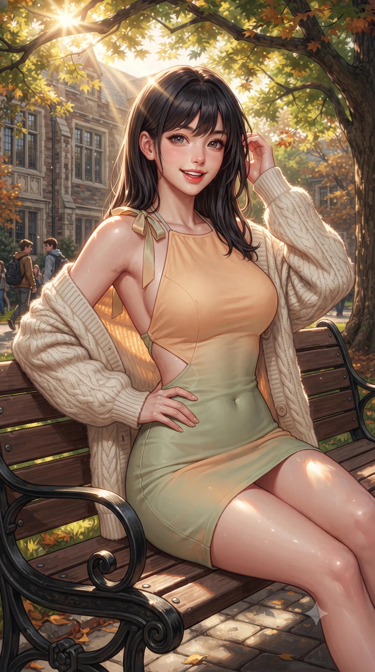 score_9, masterpiece, best quality, ultra-detailed, high-budget anime keyframe, editorial fashion photography, tasteful artistic composition, Caucasian woman. close-up cowboy shot from the waist and thighs up, the character dominates the composition, filling the frame with her large presence. twisting her slender torso in an alluring contrapposto stance, one hand resting on her sculpted hip while flashing a radiant, playful smile with parted glossy lips while lounging gracefully on a park bench under ancient maple trees, her long slender legs and curvy hips highlighted by golden sunbeams. The surrounding environment is rendered in vivid detail and crisp panoramic clarity. detailed knit cardigan texture, sunburst highlights on hair, and historical campus facade clarity in high resolution. She has an exceptionally elegant, slender, and willowy female figure with an ultra-slim waist, flat toned midriff, narrow ribcage, and sculpted feminine hips creating an alluring, slim hourglass silhouette without bulk. sharp v-shaped jawline, high-bridge nose, intricate jewel-like sparkling eyes with depth, thick eyelashes, glossy parted lips with a natural peach sheen, bright cheerful beaming smile with an enchanting and coquettish sensual glint, exuding both youthful cute charm and seductive allure, flawlessly proportioned anatomical accuracy, strict slender model proportions, natural body alignment, perfectly sculpted long slender limbs, ultra-slim waistline, clean dynamic posture without body distortion. wearing a backless pastel halter sundress with side-waist diamond cutouts and an ultra-fitted hip-hugging silhouette in soft apricot and sage green, crafted from soft breathable linen with effortless natural drape, finished with cute satin bow ribbons tying at the shoulders, the form-contouring cut accentuating her sculpted flat midriff, narrow delicate ribcage, and gracefully curvy hips with supermodel precision. bathed in brilliant sunny afternoon light streaming through lush canopy trees. ultra-reflective glossy finish, specular highlights, rich textural contrasts, high-contrast stereoscopic depth, volumetric dynamic lighting, 2k, ultra detail, master piece, 9:16 ratio