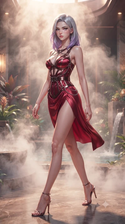 score_9, masterpiece, best quality, ultra-detailed, high-budget anime keyframe, editorial fashion photography, tasteful artistic composition, Caucasian woman. low angle full-body shot from head to toe showing her feet, filling the entire 9:16 vertica