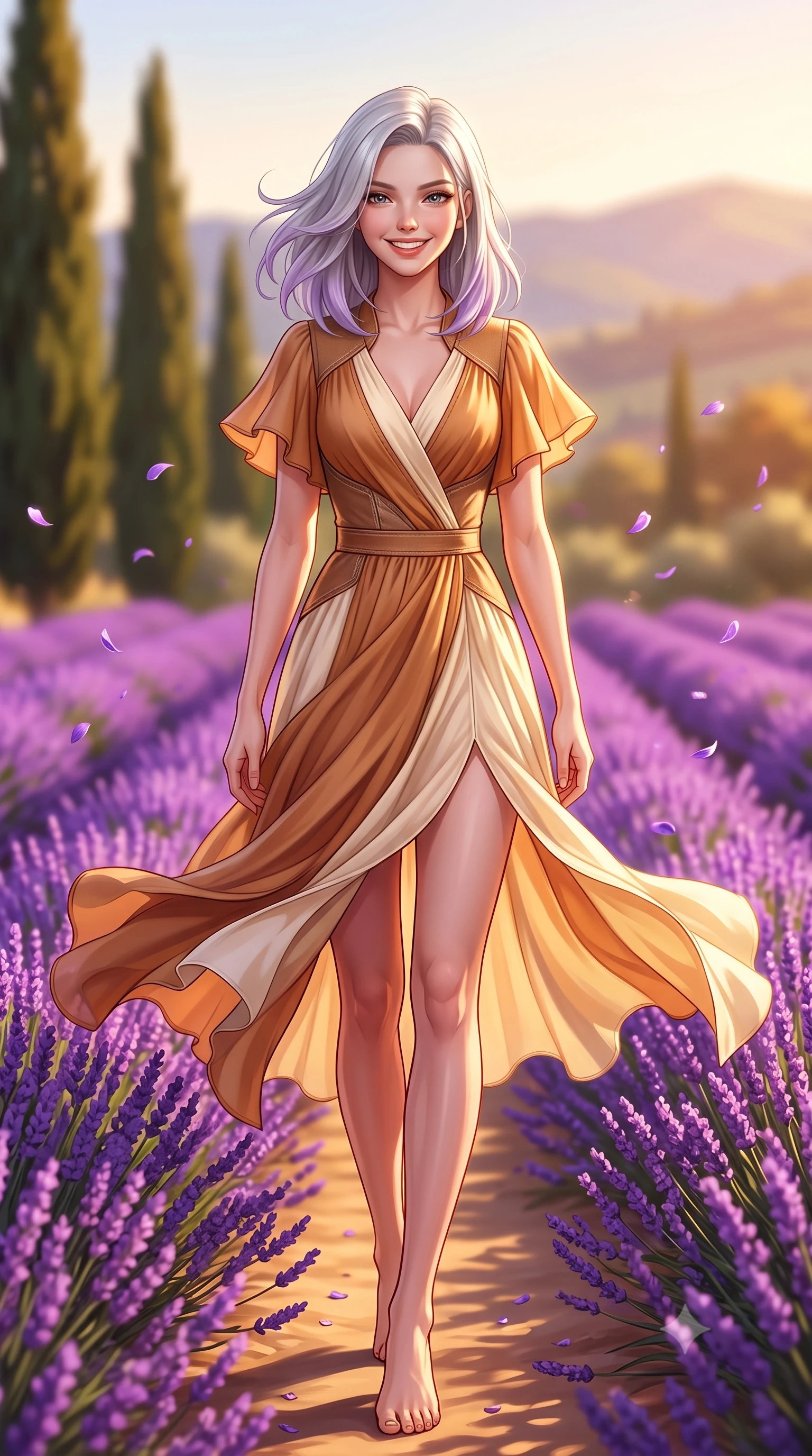 score_9, masterpiece, best quality, ultra-detailed, high-budget anime keyframe, semi-realistic 3D game render, editorial fashion photography, tasteful artistic composition, Caucasian woman. low angle full-body shot from head to toe showing her feet, filling the entire 9:16 vertical frame with her statuesque presence, stretching her vertical silhouette. walking forward in a cheerful, dynamic stride with a radiant beaming smile, her statuesque silhouette filling the frame while twirling cheerfully between vibrant purple lavender ridges as delicate violet petals flutter in the air. The composition keeps background elements in soft focus with creamy bokeh. tall cypress trees and distant Provençal hills softened by warm atmospheric depth of field. She has an absolutely perfect, statuesque 8.5-heads proportion, an exceptionally tall and slender model-like female figure with impossibly long slender legs, a toned flat midriff, and an ultra-slim waist. sharp v-shaped jawline, high-bridge nose, intricate jewel-like eyes with depth, thick eyelashes, glossy lips with a natural sheen, pure and lovely fresh girlhood expression, flawlessly proportioned anatomical accuracy, strict slender model proportions, natural body alignment, perfectly sculpted long slender limbs, ultra-slim waistline, clean dynamic posture without body distortion. wearing a flowy silk-chiffon maxi dress with a gentle side slit and fluttering hemline in warm caramel and cream vanilla, made of comfortable premium stretch denim and airy cotton-jersey, featuring elegant flutter sleeves and a graceful open collar, the chic real-way fashion cut emphasizing her effortless charm, flat midriff, and slender model proportions. bathed in warm golden hour sunlight casting long romantic shadows across the purple lavender rows. highly saturated vibrant anime colors, detailed shading with soft gradients, rich glossy textures, high-contrast stereoscopic depth, volumetric dynamic lighting, master piece, 9:16 ratio