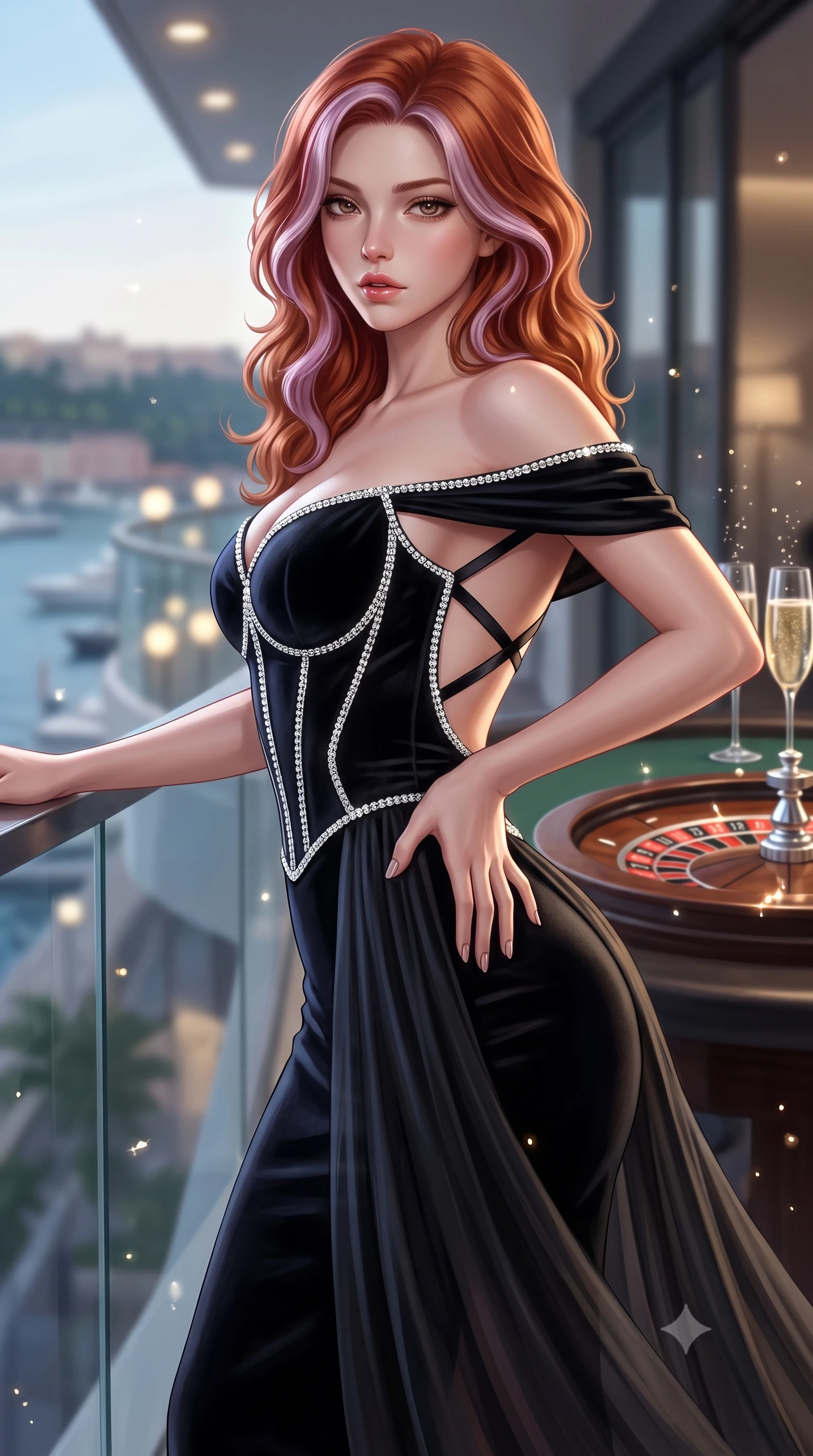 score_9, masterpiece, best quality, ultra-detailed, high-budget anime keyframe, semi-realistic 3D game render, editorial fashion photography, tasteful artistic composition, Caucasian woman. close-up cowboy shot from the waist and thighs up, the character dominates the composition, filling the frame with her large presence. resting one manicured hand delicately on her hip bone, her upper body turning in a fluid, seductive S-curve while parted lips glisten in the light while leaning against the glass penthouse terrace balustrade overlooking Monaco harbor, hips cocked back in a seductive high-fashion stance. The composition keeps background elements in soft focus with creamy bokeh. crystal champagne bubbles and roulette wheel chrome reflections scattering sparkling light motes. She has an exceptionally elegant, slender, and willowy female figure with an ultra-slim waist, a gracefully sculpted slender torso, toned flat midriff, and rounded feminine hips creating an alluring hourglass silhouette. sharp v-shaped jawline, high-bridge nose, intricate jewel-like eyes with depth, thick eyelashes, glossy parted lips with a natural sheen, intensely captivating and seductive bedroom-eyes expression, flawlessly proportioned anatomical accuracy, strict slender model proportions, natural body alignment, perfectly sculpted long slender limbs, ultra-slim waistline, clean dynamic posture without body distortion. wearing a statuesque off-shoulder evening dress with a boned corset bodice and bodycon silhouette in pitch-black velvet with glittering diamond crystal trim, woven from layered gossamer chiffon with a weightless sweeping drape, finished with criss-cross back satin straps highlighting her graceful shoulder blades, the dramatically scooped open back descending to the base of her spine, accentuating her razor-sharp statuesque lines and curvy hourglass silhouette. illuminated by crisp directional spotlights sharply defining her narrow waistline, sculpted spine, and curvy hips. highly saturated vibrant anime colors, detailed shading with soft gradients, rich glossy textures, high-contrast stereoscopic depth, volumetric dynamic lighting, master piece, 9:16 ratio