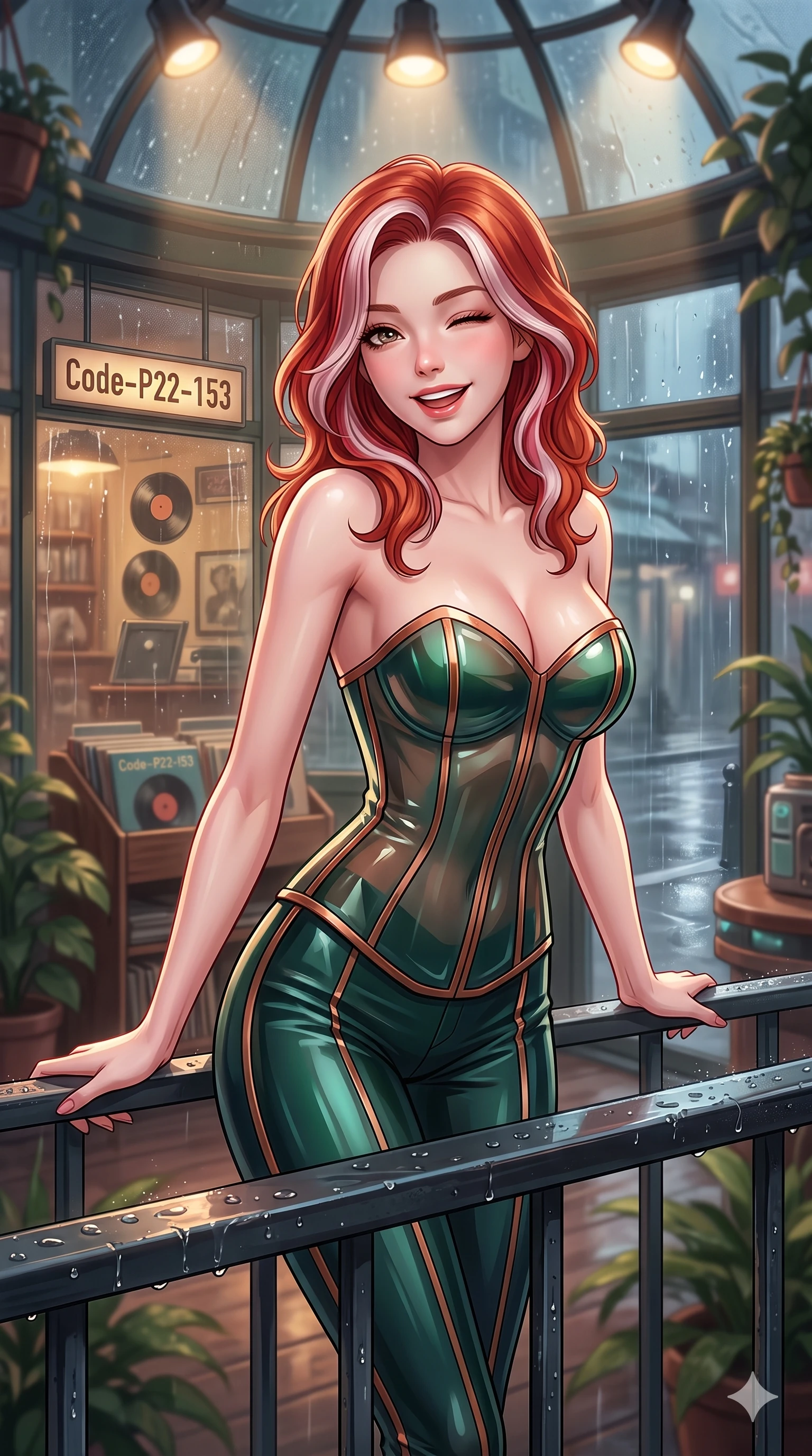 score_9, masterpiece, best quality, ultra-detailed, high-budget anime keyframe, vibrant anime aesthetic, Caucasian woman, strictly human ears. close-up cowboy shot from the waist and thighs up, the character dominates the composition, filling the frame with her large presence, background elements kept in soft focus. She is leaning back on a wet, rain-slicked railing, winking and smiling delightfully, with a bright, joyful gaze with a lively, expressive stance. the background shows a soft-focus window of a cozy vintage record store, looking at the street through rain-streaked window panes (Code-P22-153). She has an absolutely perfect proportion, an exceptionally elegant and slender female figure with an ultra-slim waist. V-shaped jawline, high-bridge nose, intricate jewel-like eyes with depth, thick eyelashes, glossy lips with a natural sheen. wearing a translucent gloss-finish structured bodice with a sweetheart neckline and sleek pants in dark emerald and copper details. She is illuminated by warm overhead spotlights inside the plant conservatory dome, casting soft shadows that enhance her features inside the retro conservatory cafe. 2k, ultra detail, master piece, 9:16 ratio