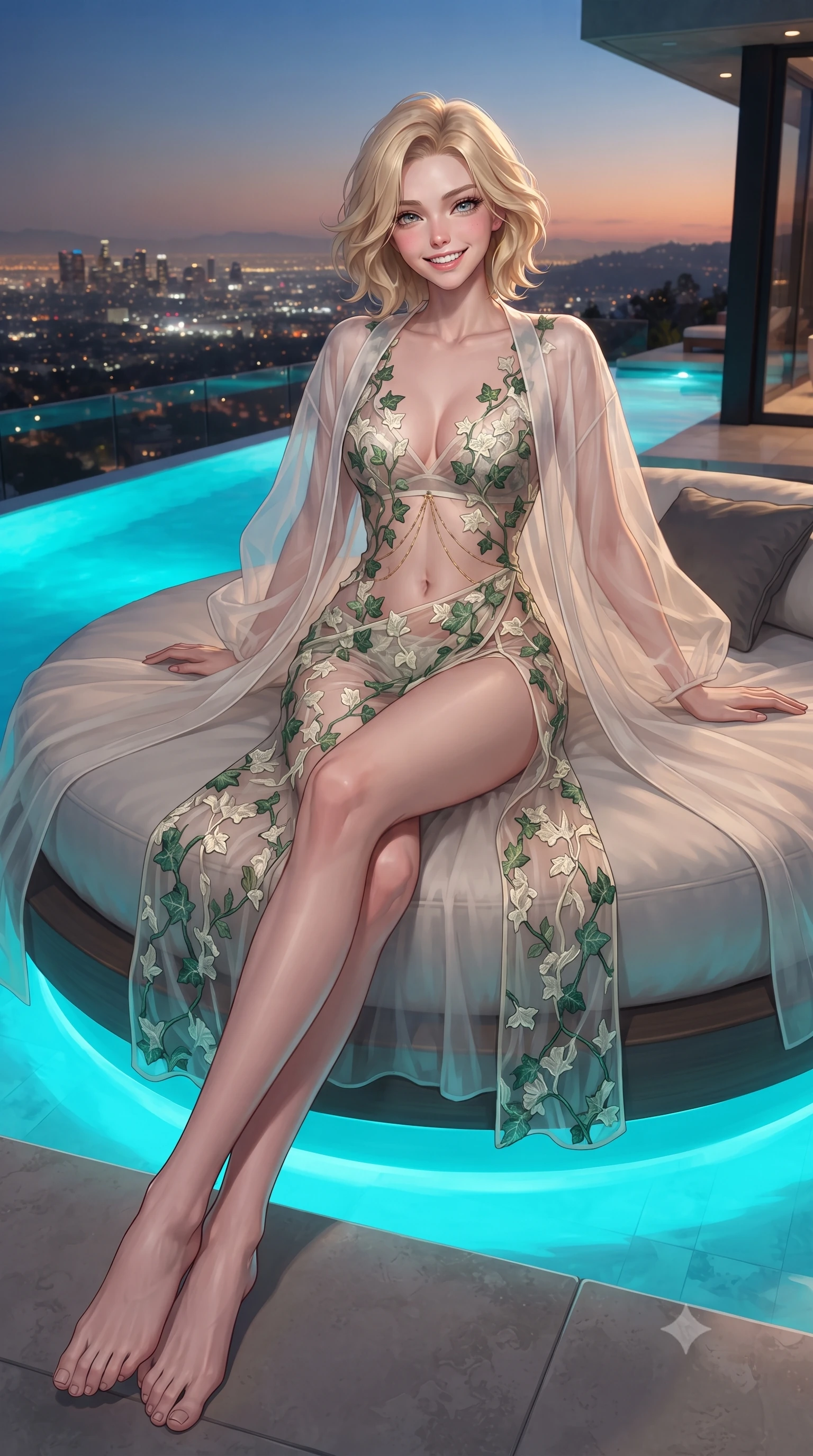 score_9, masterpiece, best quality, ultra-detailed, high-budget anime keyframe, editorial fashion photography, tasteful artistic composition, Caucasian woman. low angle full-body shot from head to toe showing her feet, filling the entire 9:16 vertical frame with her statuesque presence, stretching her vertical silhouette. lounging on the lavish daybed with legs crossed and hips angled toward the camera, displaying her toned midriff and long slender limbs with effortless siren poise while lounging on the circular floating daybed with legs extended, displaying her long slender limbs and statuesque hourglass silhouette. The surrounding environment is rendered in vivid detail and crisp panoramic clarity: detailed sheer organza boudoir peignoir drape, satin bralette cling, and hillside engineering in razor-sharp precision. She has an exceptionally tall and slender model-like 8.5-heads proportion, an ultra-slim waist, a flat toned midriff, narrow delicate ribcage, and beautifully sculpted feminine hips creating a graceful, slim hourglass silhouette without any bulky heaviness, with impossibly long slender legs. sharp v-shaped jawline, high-bridge nose, intricate jewel-like sparkling eyes with depth, thick eyelashes, glossy parted lips with a natural peach sheen, bright cheerful beaming smile with an enchanting and coquettish sensual glint, exuding both youthful cute charm and seductive allure, flawlessly proportioned anatomical accuracy, strict slender model proportions, natural body alignment, perfectly sculpted long slender limbs, ultra-slim waistline, clean dynamic posture without body distortion. wearing a provocative sheer illusion mesh botanical dress with embroidered climbing ivy ribbons contouring her curves in Namsan moonlit mist ivory and jade pine green, woven from buttery-soft stretch lambskin leather adhering to her body like a second skin, accented with a dainty gold belly chain resting across her flat midriff and curving hips, the high-slit wrap tailoring accentuating her ultra-slim waistline and the enchanting curve of her feminine hips with alluring seductive charm. bathed in electric cyan underwater pool lights contrasted with warm city horizon ambient. ultra-reflective glossy finish, specular highlights, rich textural contrasts, high-contrast stereoscopic depth, volumetric dynamic lighting, 2k, ultra detail, master piece, 9:16 ratio