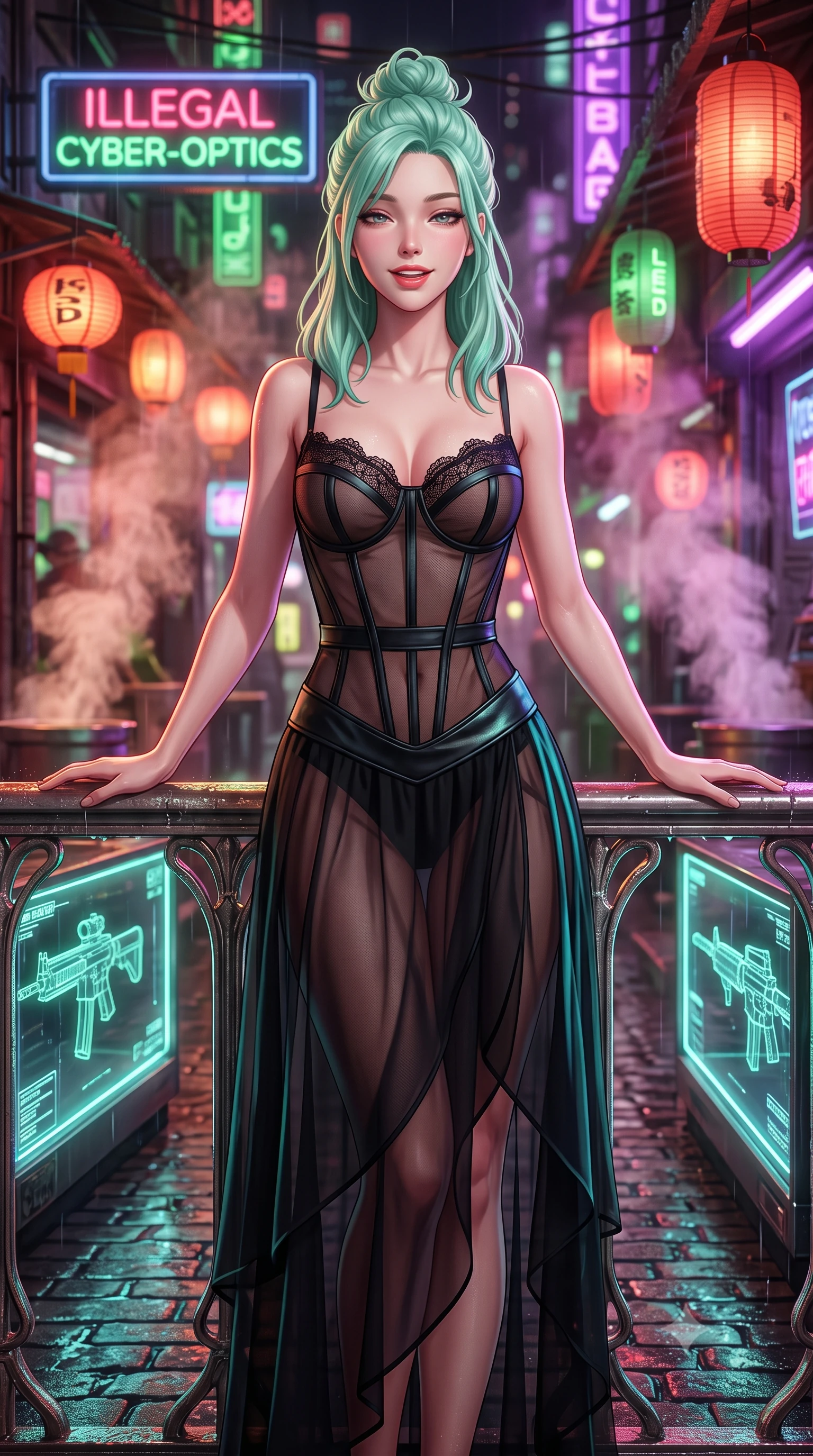 score_9, masterpiece, best quality, ultra-detailed, high-budget anime keyframe, semi-realistic 3D game render, editorial fashion photography, tasteful artistic composition, Japanese woman. close-up cowboy shot from the waist and thighs up, the character dominates the composition, filling the frame with her large presence. leaning back against the balustrade with relaxed seductive grace, head tilted back slightly while casting a hypnotic, heavy-lidded gaze while standing poised on the wet cobblestones between glowing holographic weapon display cases, arching her spine with seductive combat poise as aromatic noodle steam rises. The background shows a soft-focus glowing neon signs for illegal cyber-optics, paper lanterns retrofitted with LEDs, and dense steam vents blurred into ruby, emerald, and violet bokeh. She has an exceptionally elegant, slender, and willowy female figure with an ultra-slim waist, flat toned midriff, narrow ribcage, and sculpted feminine hips creating an alluring, slim hourglass silhouette without bulk. sharp v-shaped jawline, high-bridge nose, intricate jewel-like sparkling eyes with depth, thick eyelashes, glossy parted lips with a natural peach sheen, bright cheerful beaming smile with an enchanting and coquettish sensual glint, exuding both youthful cute charm and seductive allure, flawlessly proportioned anatomical accuracy, strict slender model proportions, natural body alignment, perfectly sculpted long slender limbs, ultra-slim waistline, clean dynamic posture without body distortion. wearing a provocative translucent mesh corset bodice with boned satin channels paired with a sheer chiffon wrap maxi skirt in tactical obsidian black and high-voltage cyan, woven from buttery-soft stretch lambskin leather adhering to her body like a second skin, finished with scalloped eyelash lace trim framing her sweetheart neckline with intimate elegance, the impeccably tailored cut draping gracefully along her slender figure with aristocratic poise. bathed in warm 2200K crimson lantern light combined with vibrant green and ultraviolet market stall tube lights. highly saturated vibrant anime colors, detailed shading with soft gradients, rich glossy textures, high-contrast stereoscopic depth, volumetric dynamic lighting, master piece, 9:16 ratio