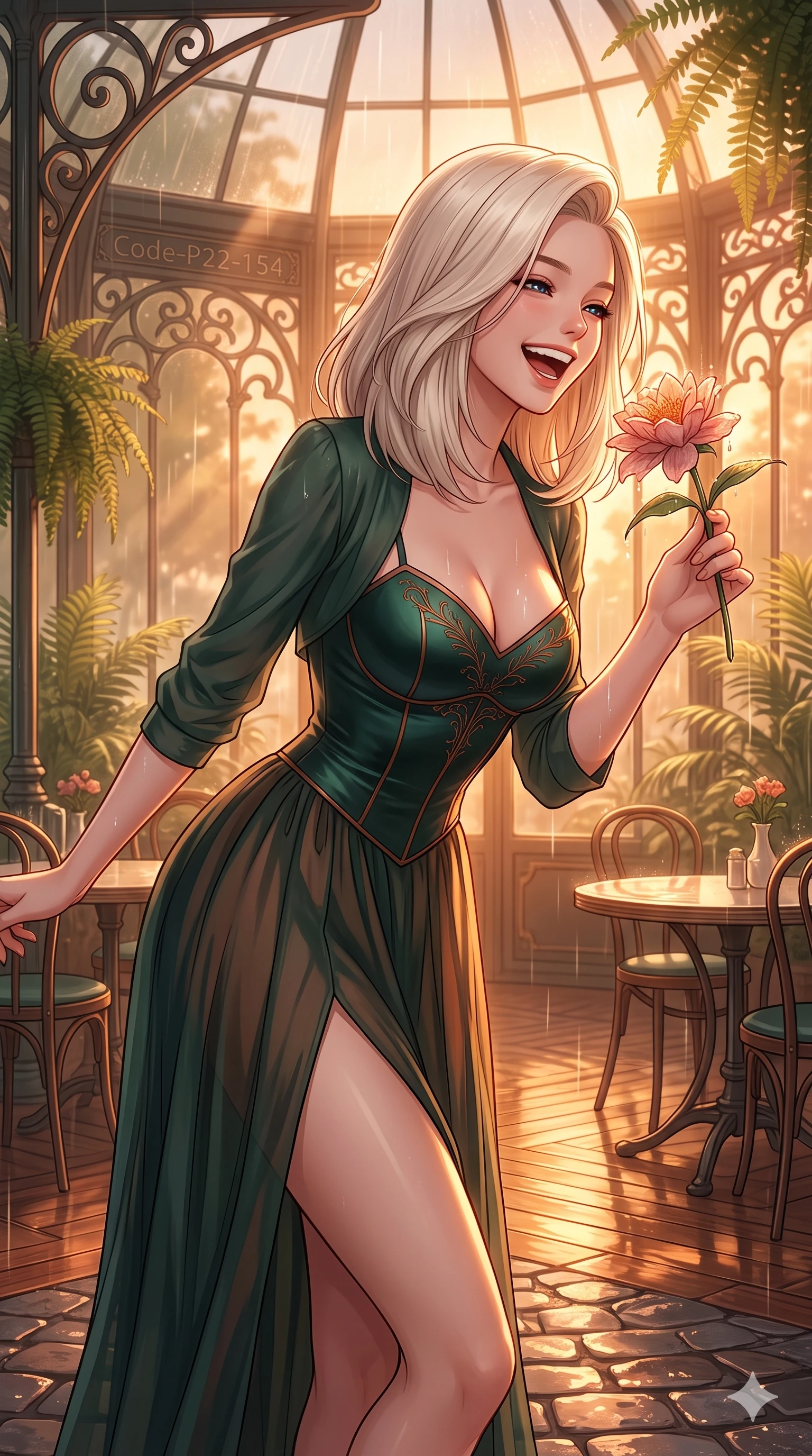 score_9, masterpiece, best quality, ultra-detailed, high-budget anime keyframe, vibrant anime aesthetic, Caucasian woman, strictly human ears. close-up cowboy shot from the waist and thighs up, the character dominates the composition, filling the frame with her large presence, background elements kept in soft focus. She is laughing happily while looking down at a blooming rain-drenched flower, her eyes glowing with lively energy with a lively, expressive stance. the background shows a soft-focus elegant art-nouveau conservatory filled with lush ferns, under a sun shower with volumetric light beams (Code-P22-154). She has an absolutely perfect proportion, an exceptionally elegant and slender female figure with an ultra-slim waist. V-shaped jawline, high-bridge nose, intricate jewel-like eyes with depth, thick eyelashes, glossy lips with a natural sheen. wearing a delicate chiffon dress featuring a structured satin bodice and refined side vent in dark emerald and copper details. She is bathed in glowing sunset light reflecting off wet cobblestones, creating a warm, inviting, and atmospheric glow inside the retro conservatory cafe. 2k, ultra detail, master piece, 9:16 ratio
