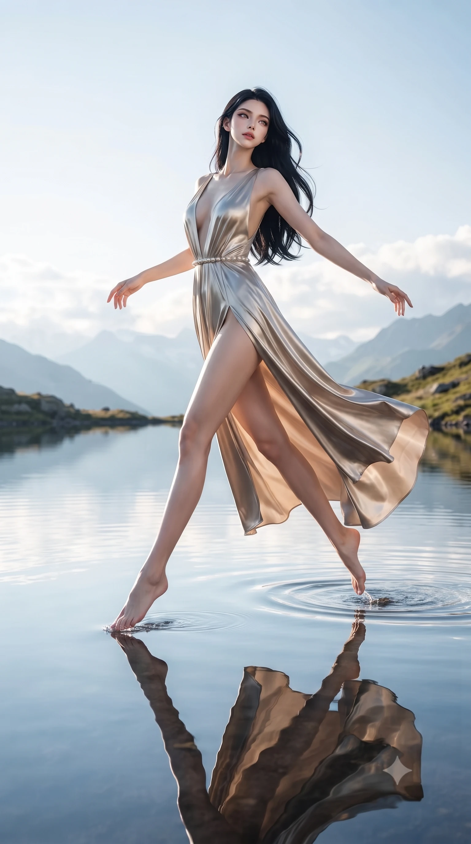 score_9, masterpiece, best quality, ultra-detailed, high-budget anime keyframe, editorial fashion photography, tasteful artistic composition, Korean woman. low angle full-body shot from head to toe showing her feet, filling the entire 9:16 vertical frame with her statuesque presence, stretching her vertical silhouette. leaping dynamically through the luminous sky, her posture full of power and elegance, stepping gracefully into a mirror-still lake under a bright dawn sky, flawless mirror lake surface reflecting sky clouds and her silhouette. She has an absolutely perfect, statuesque 8.5-heads proportion, an exceptionally tall and slender model-like female figure with impossibly long slender legs and an ultra-slim waist. sharp v-shaped jawline, high-bridge nose, intricate jewel-like eyes with depth, thick eyelashes, glossy lips with a natural sheen. wearing deep plunging V-neckline champagne silk gown with daring high thigh slit in radiant platinum, made of liquid mercury jersey, adorned with minimalist pearl hardware framing the waistline, following her slender form with tailored precision. lit by clear sun-drenched light casting gentle morning shadows. ultra-reflective glossy finish, specular highlights, metallic sheen, high-contrast stereoscopic depth, volumetric dynamic lighting, 2k, ultra detail, master piece, 9:16 ratio