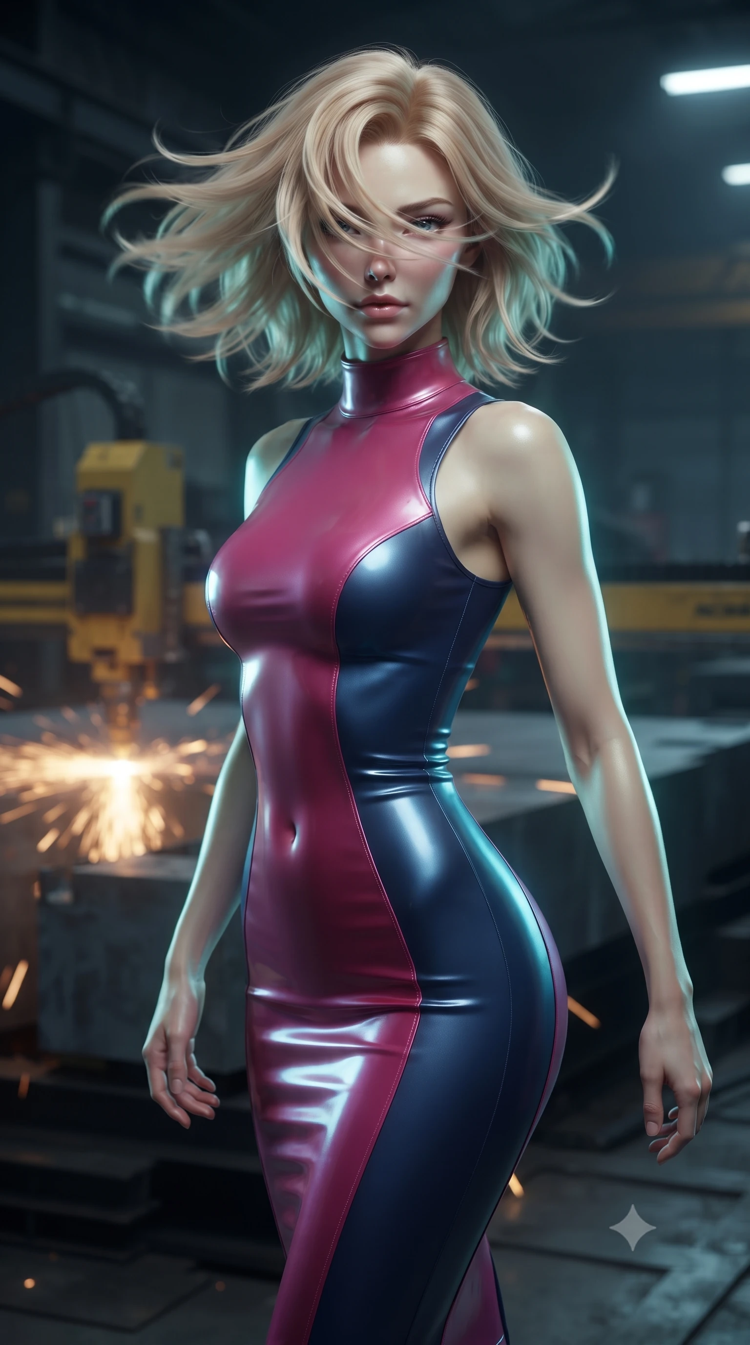 score_9, masterpiece, best quality, ultra-detailed, high-budget anime keyframe, editorial fashion photography, tasteful artistic composition, realistic cosplay photography, Caucasian woman, strictly human ears. close-up cowboy shot from the waist and thighs up, the character dominates the composition, filling the frame with her large presence, background elements kept in soft focus. Executing a sudden, fast pivot to face the camera, her hair whipping violently across her face. set against a soft-focus background of a heavy industrial cutting bay where high-power yellow laser cutters are slicing through sheet metal blocks. She has an exceptionally elegant and slender, willowy female figure with an ultra-slim waist, a gracefully sculpted slender torso, and a refined slim physique. sharp v-shaped jawline, high-bridge nose, intricate jewel-like eyes with depth, thick eyelashes, glossy lips with a natural sheen. wearing tailored for maximum mobility, sleek form-contouring panels that allow fluid movement, a tailored high-neck bodycon midi dress in a dual-tone of fuchsia and navy, sculpting her slender dancer frame with elegant lines. soft aqua bioluminescent light making her skin luminously glow against darkness. ultra-reflective glossy finish, specular highlights, metallic sheen, high-contrast stereoscopic depth, volumetric dynamic lighting, 2k, ultra detail, master piece, 9:16 ratio