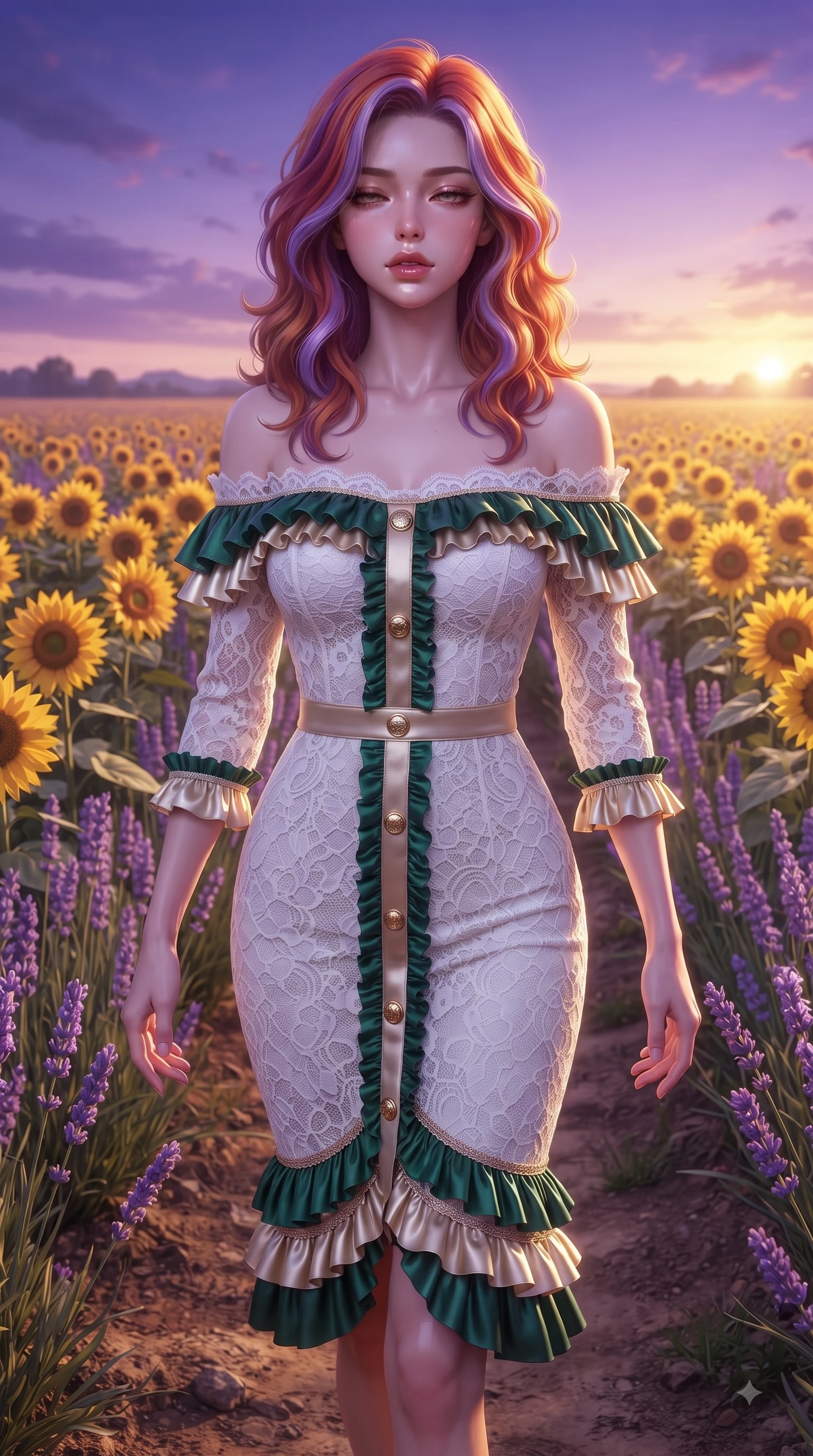 score_9, masterpiece, best quality, ultra-detailed, high-budget anime keyframe, editorial fashion photography, tasteful artistic composition, Caucasian woman. close-up cowboy shot from the waist and thighs up, the character dominates the composition, filling the frame with her large presence. Sensual alluring expression with smoldering intensity, half-closed bedroom eyes, and softly parted glossy lips while pivoting in mid-stride amidst golden sunflowers as dusk light casts a magical purple-gold sky. The surrounding environment is rendered in vivid detail and crisp panoramic clarity. detailed lavender blossom spikes, golden sunflower petals, and rustic pathway dirt in crisp resolution. She has an exceptionally elegant, slender, and willowy female figure with an ultra-slim waist, a gracefully sculpted slender torso, and a refined silhouette. sharp v-shaped jawline, high-bridge nose, intricate jewel-like eyes with depth, thick eyelashes, glossy lips with a natural sheen, flawlessly proportioned anatomical accuracy, natural body alignment, perfectly sculpted elegant limbs, clean dynamic posture without body distortion. wearing a chic white lace off-shoulder midi dress decorated with delicate ruffle trims in deep emerald green and champagne gold, made of fine lace weave and soft satin jersey, finished with gold metallic hardware buttons along the front, the sleek second-skin fit accentuating her magnetic presence. bathed in ethereal twilight glow and warm golden sunset horizon light. ultra-reflective glossy finish, specular highlights, metallic sheen, high-contrast stereoscopic depth, volumetric dynamic lighting, 2k, ultra detail, master piece, 9:16 ratio