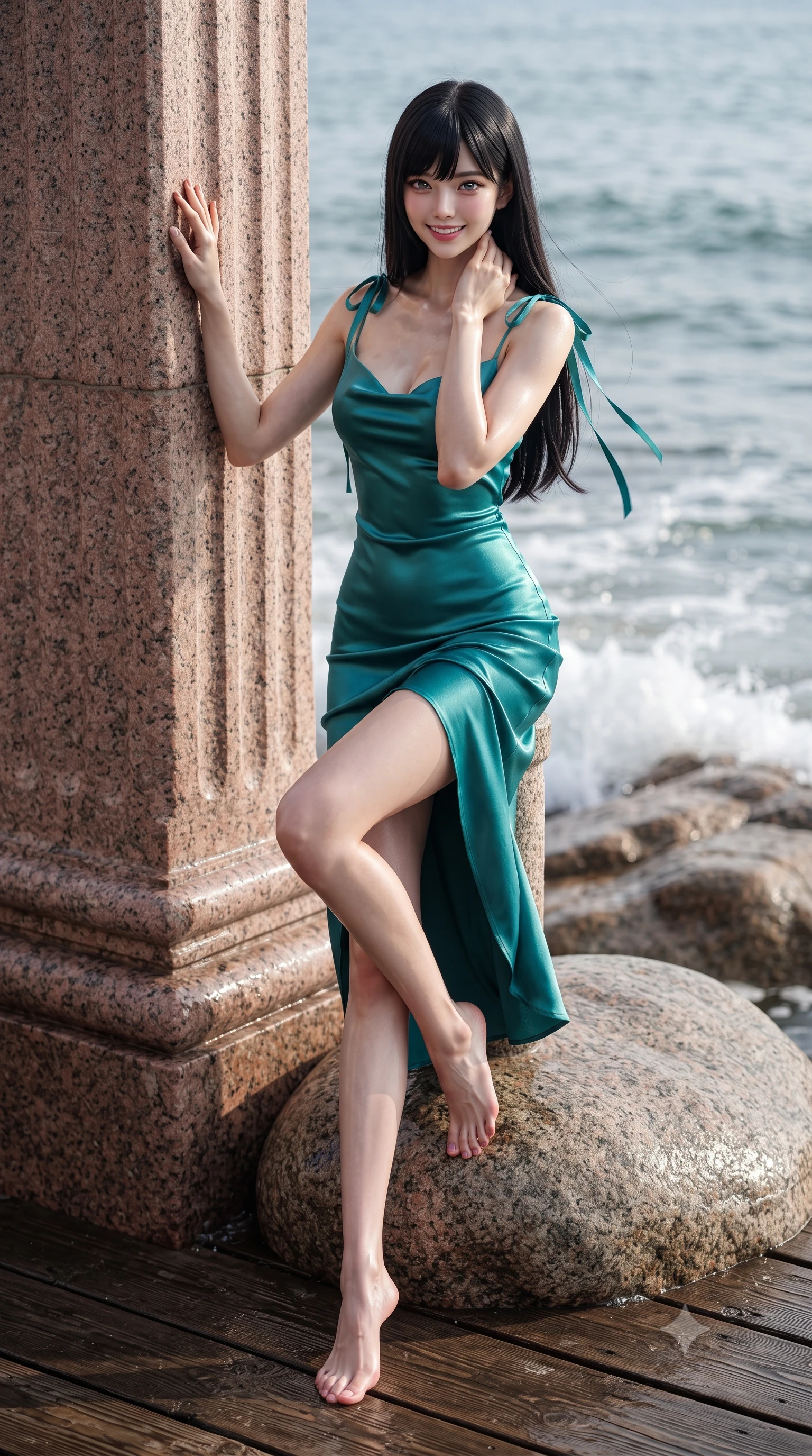 score_9, masterpiece, best quality, ultra-detailed, high-budget anime keyframe, editorial fashion photography, tasteful artistic composition, Caucasian woman. low angle full-body shot from head to toe showing her feet, filling the entire 9:16 vertical frame with her statuesque presence, stretching her vertical silhouette. standing tall beside the architectural column, one hand resting high while arching her lower back to emphasize her sculpted feminine hips and slender waist while sitting perched on the smooth granite rock with legs crossed, running one manicured hand slowly down her neck with effortless poise. The surrounding environment is rendered in vivid detail and crisp panoramic clarity: sharp rose-pink feldspar granite mineral textures, wet weathered timber deck planks, and ocean foam bubbles in deep focus. She has an exceptionally tall and slender model-like 8.5-heads proportion, an ultra-slim waist, a flat toned midriff, narrow delicate ribcage, and beautifully sculpted feminine hips creating a graceful, slim hourglass silhouette without any bulky heaviness, with impossibly long slender legs. sharp v-shaped jawline, high-bridge nose, intricate jewel-like sparkling eyes with depth, thick eyelashes, glossy parted lips with a natural peach sheen, bright cheerful beaming smile with an enchanting and coquettish sensual glint, exuding both youthful cute charm and seductive allure, flawlessly proportioned anatomical accuracy, strict slender model proportions, natural body alignment, perfectly sculpted long slender limbs, ultra-slim waistline, clean dynamic posture without body distortion. wearing a liquid satin slip dress tailored with bias-cut curves clinging smoothly over her hips in Verdon canyon emerald turquoise and dewy alabaster, tailored from ultra-plush silk velvet with rich tactile depth and deep shadow gradients, finished with satin ribbon ties at the shoulders fluttering in the gentle breeze, the form-contouring silhouette accentuating her sculpted flat midriff, narrow delicate ribcage, and gracefully curvy hips with intoxicating allure. illuminated by wet rock specular reflections and sharp rose-platinum rim lights defining her dewy collarbones, ultra-slim waist, and curvy hips. ultra-reflective glossy finish, specular highlights, rich textural contrasts, high-contrast stereoscopic depth, volumetric dynamic lighting, 2k, ultra detail, master piece, 9:16 ratio