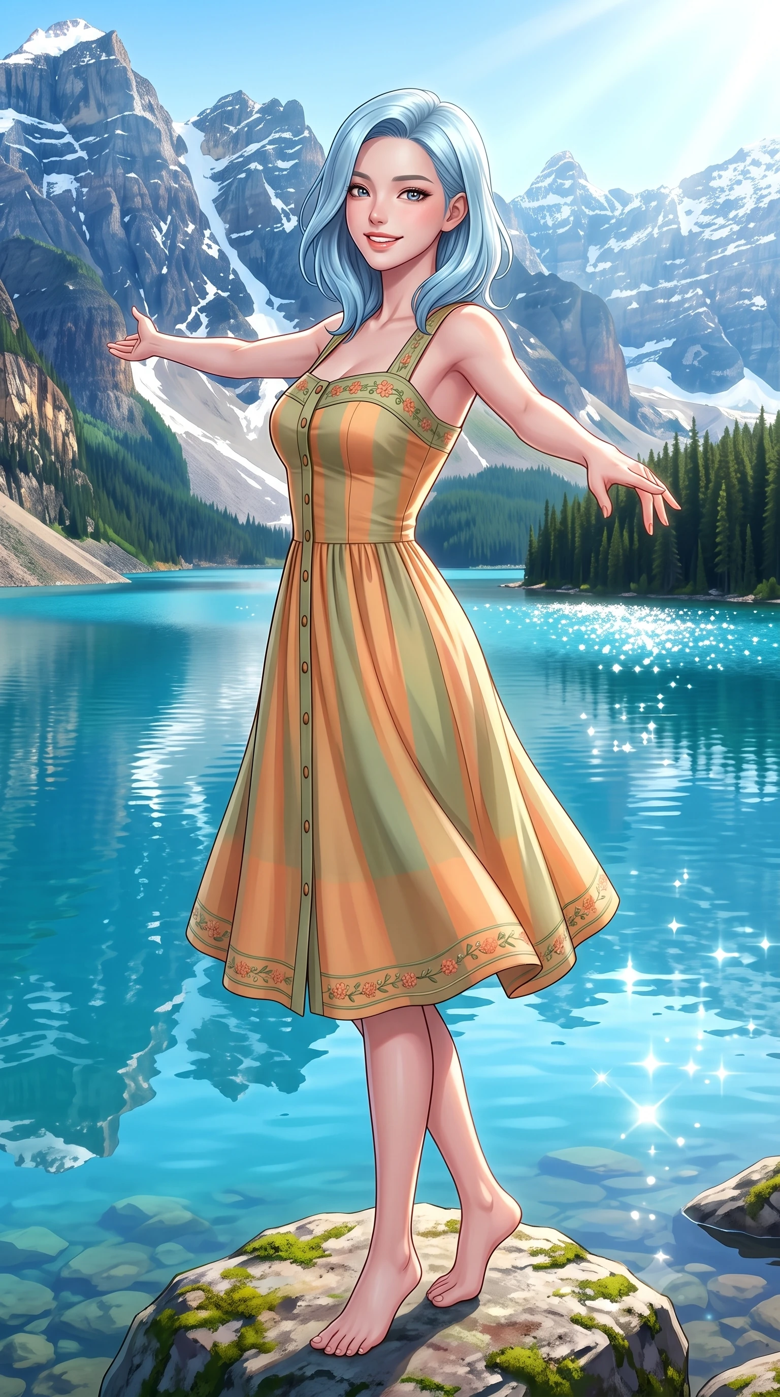 score_9, masterpiece, best quality, ultra-detailed, high-budget anime keyframe, semi-realistic 3D game render, editorial fashion photography, tasteful artistic composition, Korean woman. close-up cowboy shot from the waist and thighs up, the character dominates the composition, filling the frame with her large presence. extending one arm gracefully toward the scenery while turning back with an infectious, heartwarming smile while standing poised on a mossy lakeside boulder with open arms, taking a deep breath of fresh pine-scented mountain air. The surrounding environment is rendered in vivid detail and crisp panoramic clarity. vivid high-contrast aquatic reflections and pristine mountain lake wilderness rendered with environmental sharpness. She has an exceptionally elegant, slender, and willowy female figure with an ultra-slim waist, a gracefully sculpted slender torso, toned flat midriff, and a refined slim silhouette. sharp v-shaped jawline, high-bridge nose, intricate jewel-like eyes with depth, thick eyelashes, glossy lips with a natural sheen, pure and lovely fresh girlhood expression, flawlessly proportioned anatomical accuracy, strict slender model proportions, natural body alignment, perfectly sculpted long slender limbs, ultra-slim waistline, clean dynamic posture without body distortion. wearing a vintage-inspired button-front cotton sundress with wide shoulder straps and side pockets in warm apricot and sage green, crafted from smooth fluid silk satin with a natural gentle sheen, complemented by subtle floral embroidery along the neckline and hem, the body-hugging lightweight knit clinging delicately to her slender torso, accentuating her graceful neck and feminine lines. bathed in radiant midday sunshine creating sparkling diamond glints across the turquoise lake surface. highly saturated vibrant anime colors, detailed shading with soft gradients, rich glossy textures, high-contrast stereoscopic depth, volumetric dynamic lighting, master piece, 9:16 ratio