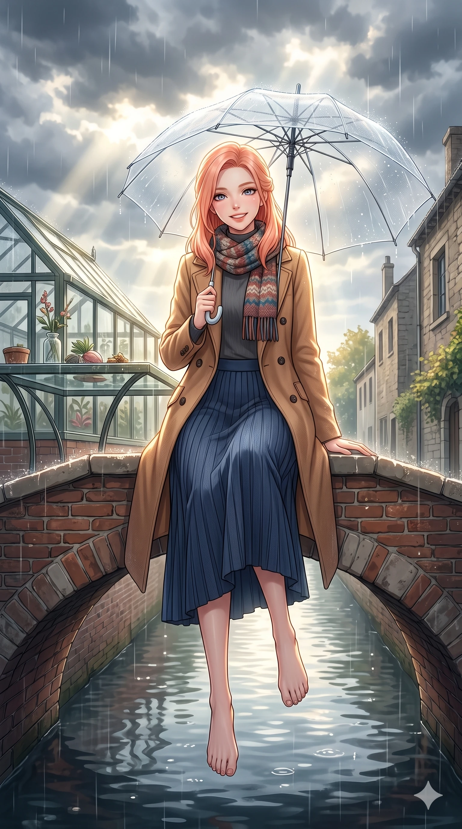 score_9, masterpiece, best quality, ultra-detailed, high-budget anime keyframe, vibrant anime aesthetic, Japanese woman. low angle full-body shot from head to toe showing her feet, filling the entire 9:16 vertical frame with her statuesque presence, stretching her vertical silhouette. She is sitting by a glass greenhouse table, smiling warmly at the camera, her eyes shining with genuine joy with a gentle tilt of her head. standing on a vintage brick arch bridge over a quiet canal, under a clear umbrella during a soft drizzle (Code-P22-010). She has an absolutely perfect 8-heads proportion, an exceptionally tall and slender female figure with impossibly long slender legs and an ultra-slim waist. V-shaped jawline, high-bridge nose, intricate jewel-like eyes with depth, thick eyelashes, glossy lips with a natural sheen. wearing a classic double-breasted coat over a mock-neck top and a long knit skirt with a knitted scarf. She is bathed in brilliant midday sunbeams breaking through storm clouds, creating a glowing aura, creating a cinematic, high-budget anime lighting effect in the rainy afternoon. 2k, ultra detail, master piece, 9:16 ratio