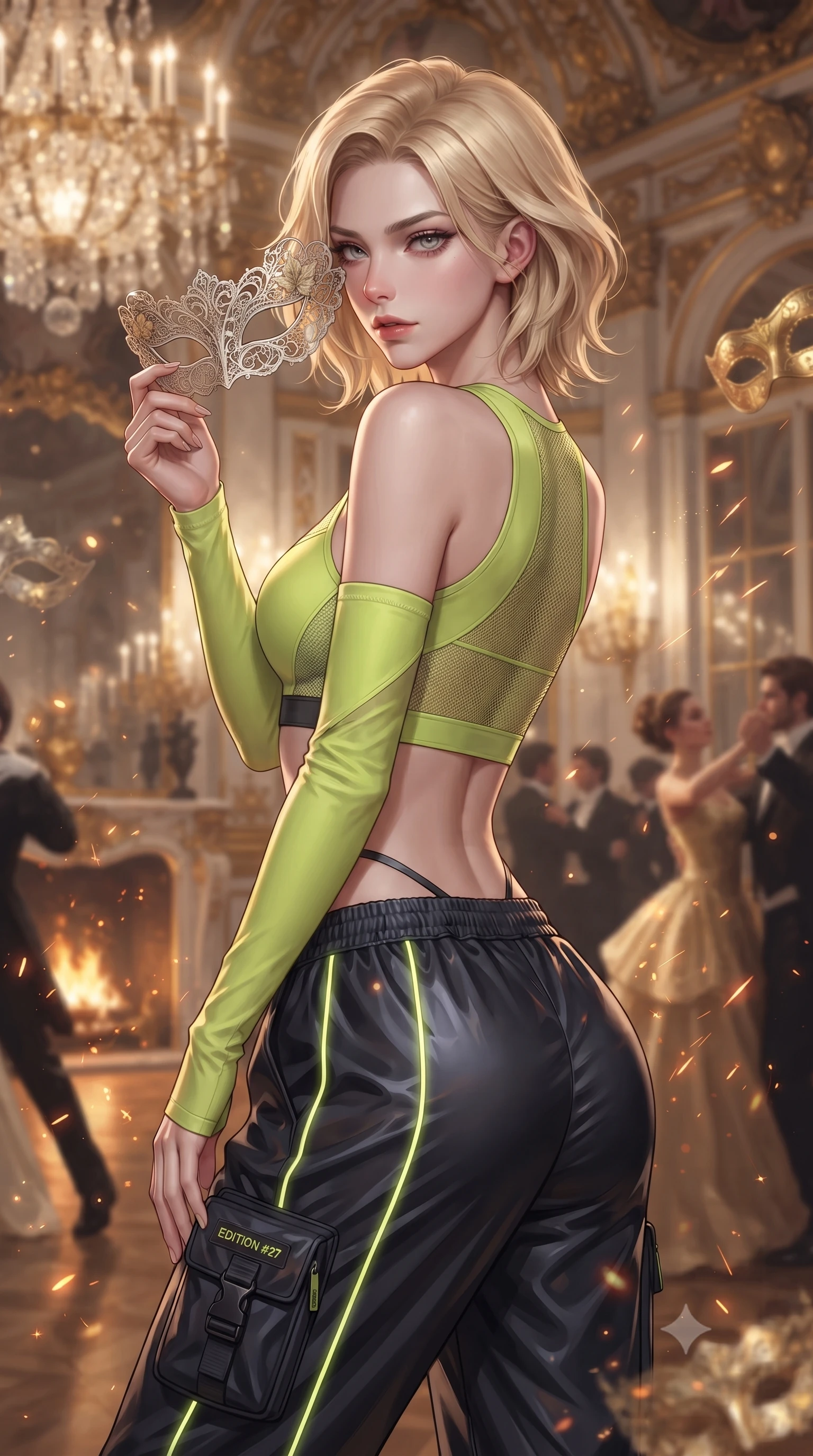score_9, masterpiece, best quality, ultra-detailed, high-budget anime keyframe, editorial fashion photography, tasteful artistic composition, Caucasian woman. close-up cowboy shot from the waist and thighs up, the character dominates the composition, filling the frame with her large presence. turning over her shoulder with an indomitable, smoldering gaze, her soft hair framing her razor-sharp v-shaped jawline while attending a lavish masquerade ball in an opulent baroque mansion, holding an intricate filigree lace mask to her captivating eyes. The composition keeps background elements in soft focus with creamy bokeh. flickering fireplace sparks and gold leaf mask reflections scattering warm radiant light motes. She has an exceptionally elegant, slender, and willowy female figure with an ultra-slim waist, a gracefully sculpted slender torso, toned flat midriff, and a refined slim silhouette. sharp v-shaped jawline, high-bridge nose, intricate jewel-like eyes with depth, thick eyelashes, glossy lips with a natural sheen, captivating and magnetic expression, flawlessly proportioned anatomical accuracy, strict slender model proportions, natural body alignment, perfectly sculpted long slender limbs, ultra-slim waistline, clean dynamic posture without body distortion. wearing a sporty Y2K mesh-paneled crop top with asymmetrical sleeve warmers and low-slung metallic track pants in acid lime green and dark obsidian, made of breathable technical athletic mesh and liquid-finish track nylon, finished with glowing fiber-optic seam piping and miniature utility pouches edition #27, the glove-like aerodynamic second-skin fit tightly clinging to her ultra-slender waist and athletic curves without adding bulk, accentuating her razor-sharp statuesque lines and slim hourglass silhouette. surrounded by an enigmatic, enchanting, and lethal undercover spy duchess aura. ultra-reflective glossy finish, specular highlights, rich textural contrasts, high-contrast stereoscopic depth, volumetric dynamic lighting, 2k, ultra detail, master piece, 9:16 ratio