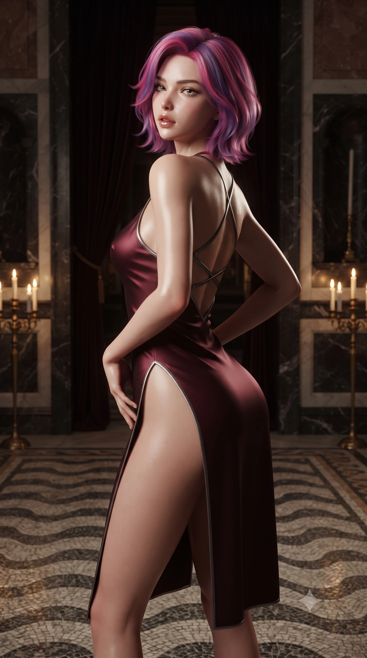 score_9, masterpiece, best quality, ultra-detailed, high-budget anime keyframe, editorial fashion photography, tasteful artistic composition, Caucasian woman. close-up cowboy shot from the waist and thighs up, the character dominates the composition, filling the frame with her large presence. posing in an alluring rear three-quarter angle, arching her lower back in a pronounced S-curve with one hand on her hip, glancing seductively over her bare shoulder with parted glossy lips while standing poised on the ancient wave-patterned marble mosaic floor, twisting her slender torso in an alluring S-curve under flickering brass candelabras. The composition keeps background elements in soft focus with creamy bokeh. heavy velvet doorway drapes and dark marble niches softened in majestic sacred shallow focus. She has an exceptionally elegant, slender, and willowy female figure with an ultra-slim waist, flat toned midriff, narrow ribcage, and sculpted feminine hips creating an alluring, slim hourglass silhouette without bulk. sharp v-shaped jawline, high-bridge nose, intricate jewel-like eyes with depth, thick eyelashes, glossy parted lips with a natural sheen, intensely captivating and seductive bedroom-eyes expression, flawlessly proportioned anatomical accuracy, strict slender model proportions, natural body alignment, perfectly sculpted long slender limbs, ultra-slim waistline, clean dynamic posture without body distortion. wearing a modernized cyber-qipao mini dress with an ultra-high side slit ascending to the hip and glowing piping in deep wine burgundy and brushed dark platinum, tailored from liquid silk jersey adhering flawlessly to her slender build, finished with criss-cross back satin straps highlighting her graceful shoulder blades, the glove-like aerodynamic silhouette tightly following the natural contour of her hips and long slender legs with statuesque 8.5-heads elegance. illuminated by flickering candle specular highlights accentuating her graceful neck, narrow waist, and curvy hips. ultra-reflective glossy finish, specular highlights, rich textural contrasts, high-contrast stereoscopic depth, volumetric dynamic lighting, 2k, ultra detail, master piece, 9:16 ratio