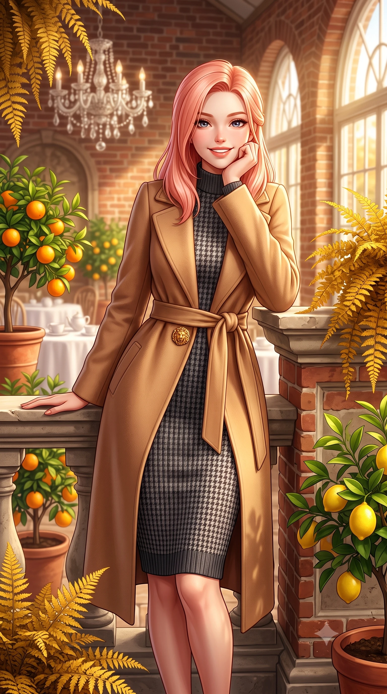 score_9, masterpiece, best quality, ultra-detailed, high-budget anime keyframe, semi-realistic 3D game render, editorial fashion photography, tasteful artistic composition, Japanese woman. close-up cowboy shot from the waist and thighs up, the character dominates the composition, filling the frame with her large presence. resting one elbow on the stone balustrade, chin poised lightly on her hand with intelligent, charming warmth while standing amidst potted citrus trees and cascading golden ferns inside the historic brick orangery, smiling warmly at the camera. The background shows a soft-focus antique crystal chandelier and white linen tea tables softened in royal afternoon tea shallow focus. She has an exceptionally elegant, slender, and willowy female figure with an ultra-slim waist, flat toned midriff, narrow ribcage, and sculpted feminine hips creating an alluring, slim hourglass silhouette without bulk. sharp v-shaped jawline, high-bridge nose, intricate jewel-like sparkling eyes with depth, thick eyelashes, glossy parted lips with a natural peach sheen, bright cheerful beaming smile with an enchanting and coquettish sensual glint, exuding both youthful cute charm and seductive allure, flawlessly proportioned anatomical accuracy, strict slender model proportions, natural body alignment, perfectly sculpted long slender limbs, ultra-slim waistline, clean dynamic posture without body distortion. wearing a tailored belted cashmere wrap coat in warm camel layered over a fine ribbed knit midi dress in classic Savile Row charcoal houndstooth and crisp ivory, woven from plush alpaca yarn with a cloud-like fuzzy texture and soft halo, accented with an ornate 24k gold lion-embossed crest button along the front closure, the streamlined silhouette following her natural slender proportions with sophisticated poise, enhancing her tall willowy presence. bathed in warm 3200K autumn sunlight streaming through floor-to-ceiling arched south-facing conservatory windows. highly saturated vibrant anime colors, detailed shading with soft gradients, rich glossy textures, high-contrast stereoscopic depth, volumetric dynamic lighting, master piece, 9:16 ratio