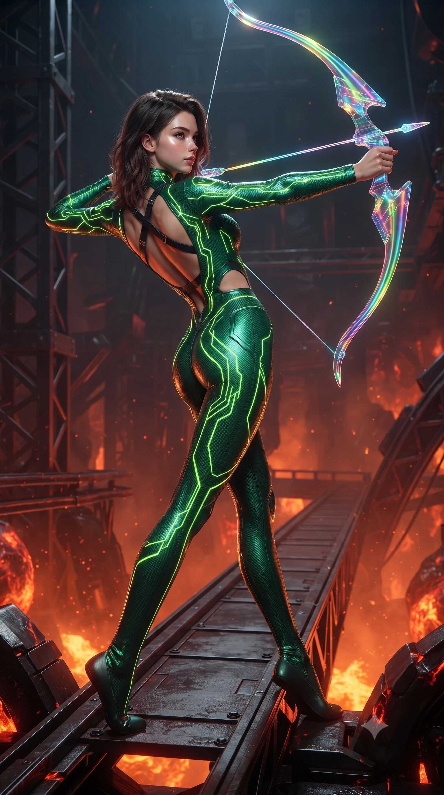 score_9, masterpiece, best quality, ultra-detailed, high-budget anime keyframe, editorial fashion photography, tasteful artistic composition, Korean woman. low angle full-body shot from head to toe showing her feet, filling the entire 9:16 vertical frame with her statuesque presence, stretching her vertical silhouette. arching her spine in a fluid zero-gravity combat turn with sovereign grace, her long slender legs and sculpted torso creating a sweeping line of power while stepping along a narrow steel bridge overlooking the volcanic forge with commanding, sovereign grace. The surrounding environment is rendered in vivid detail and crisp panoramic clarity. sharp heat-resistant carbon armor plate edges, magma bubble bursts, and steel support beams in high resolution. She has an absolutely perfect, statuesque 8.5-heads proportion, an exceptionally tall and slender model-like female figure with impossibly long slender legs, a toned flat midriff, and an ultra-slim waist. sharp v-shaped jawline, high-bridge nose, intricate jewel-like eyes with depth, thick eyelashes, glossy lips with a natural sheen, flawlessly proportioned anatomical accuracy, strict slender model proportions, natural body alignment, perfectly sculpted long slender limbs, ultra-slim waistline, clean dynamic posture without body distortion. wearing a tailored emerald-green carbon-fiber tactical jumpsuit with glowing lime LED channels and an open cowl back, drawing a floating holographic photon energy bow with supreme grace in high-gloss iridescent rainbow carbon with prism holographic sheen, crafted from semi-translucent cybernetic carbon-vinyl interwoven with glowing micro-filaments, complemented by criss-cross back harness straps highlighting her completely bare spine, the precision-cut daring openings accentuating her delicate midriff, graceful bare collarbones, and ultra-slim feminine waistline. surrounded by a fierce, elemental, and irresistibly powerful cyber-valkyrie of fire atmosphere. ultra-reflective glossy finish, specular highlights, dark metallic sheen, high-contrast stereoscopic depth, volumetric dynamic lighting, 2k, ultra detail, master piece, 9:16 ratio